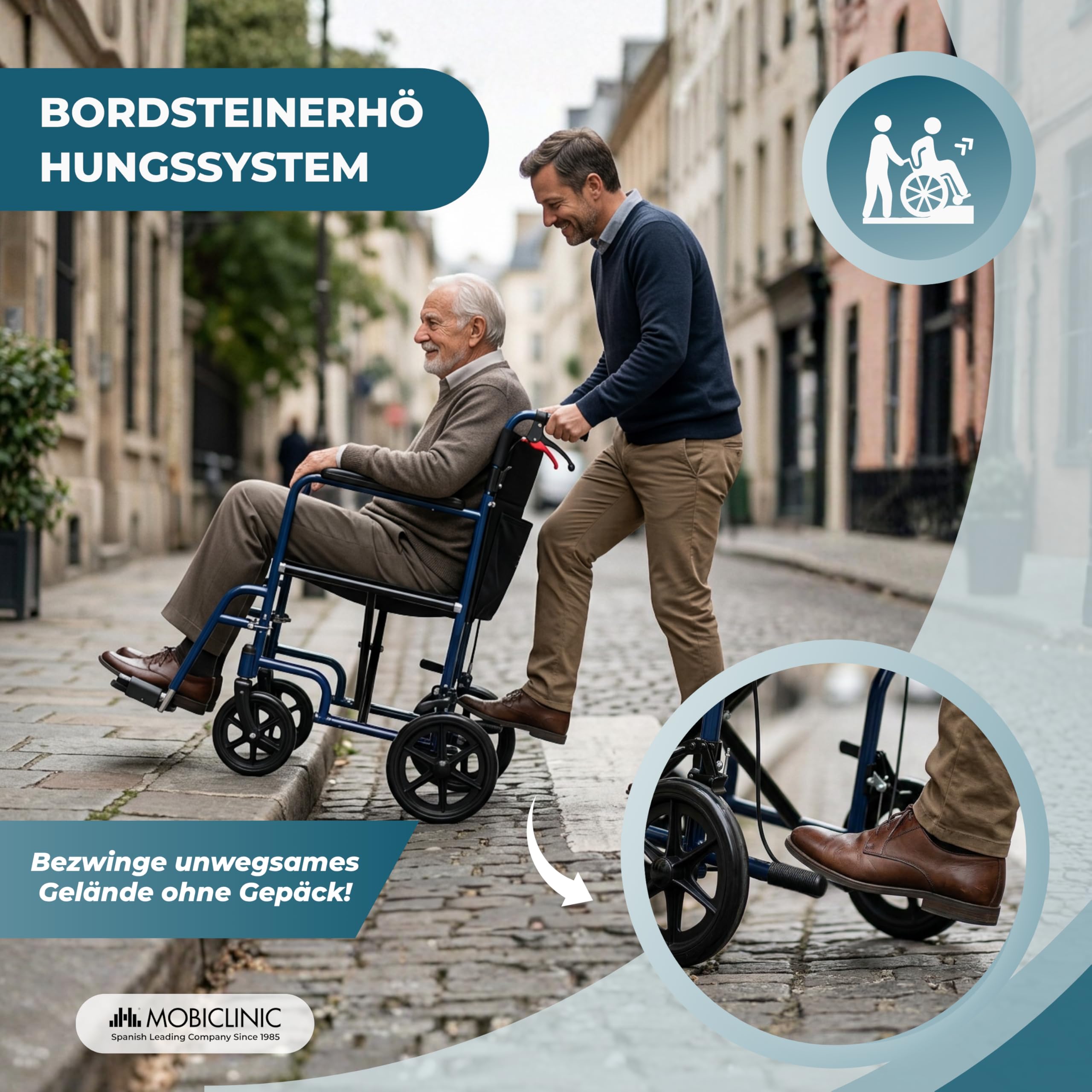 Mobiclinic®, Rollstuhl Faltbar, Transportrollstuhl, Klappbare Rückenlehne, Abnehmbare Fußstützen, Doppelbremssystem, Gepolsterte Armlehnen, Stahl, Leicht und Kompakt, Napoli