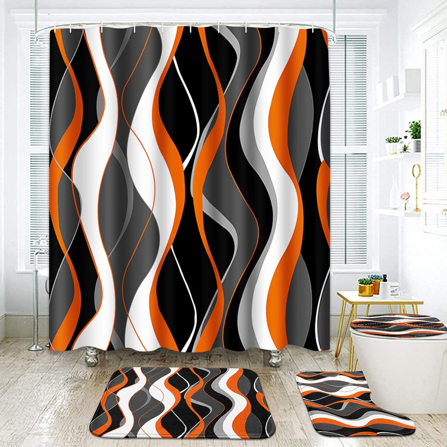 Geometric Orange Shower Curtain Set with Rugs Black and Gray Modern Orange Bathroom Set with Non-Slip Rugs Toilet Lid Cover and Bath Mat Bathroom (4 Pcs)