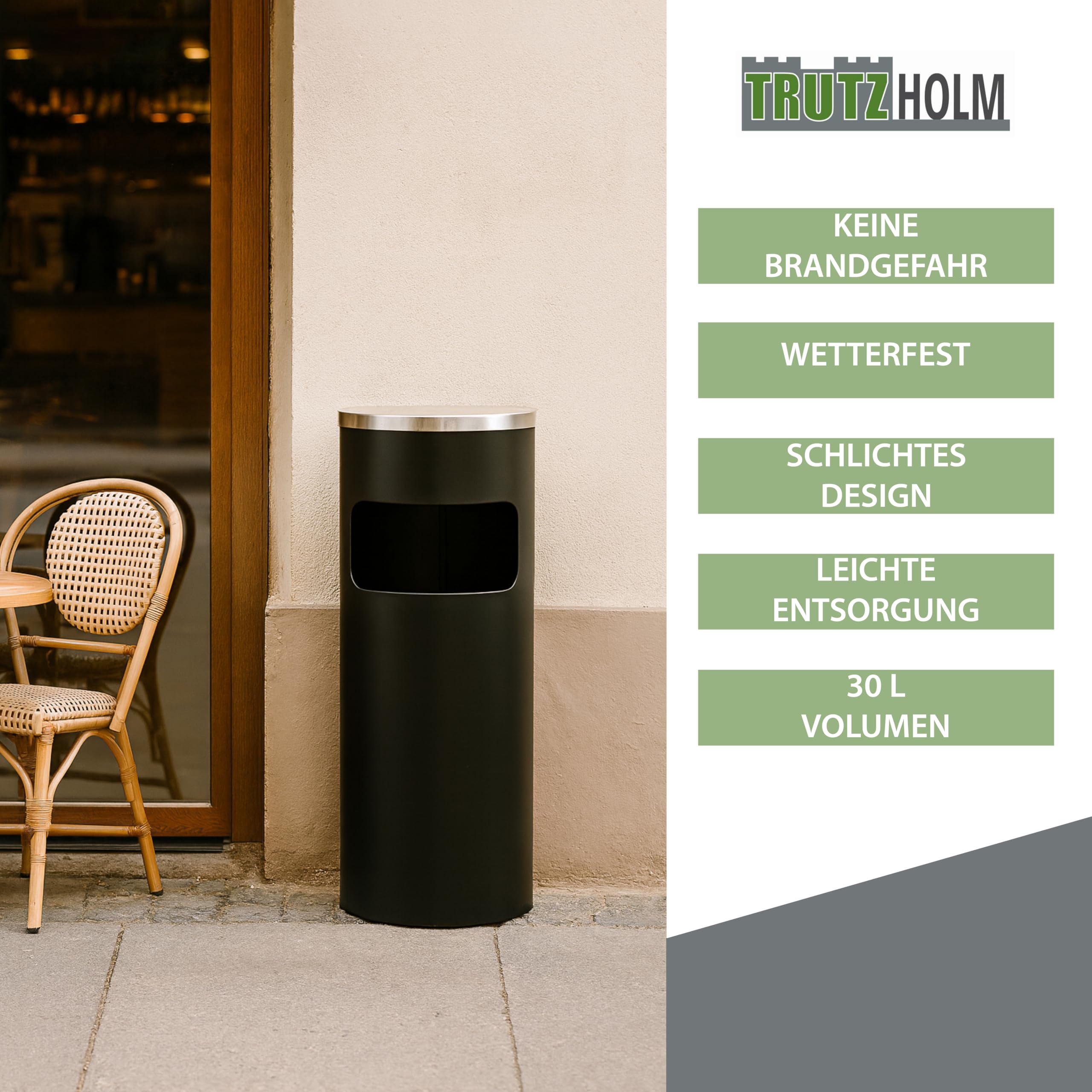 TRUTZHOLM Standaschenbecher für draußen 61x25 cm 30L Schwarz Metall pulverbeschichtet Mülleimer mit Inneneimer und Abaschschale Abfalleimer 2in1 Mülleimer mit Aschenbecher Outdoor Hotel Restaurant