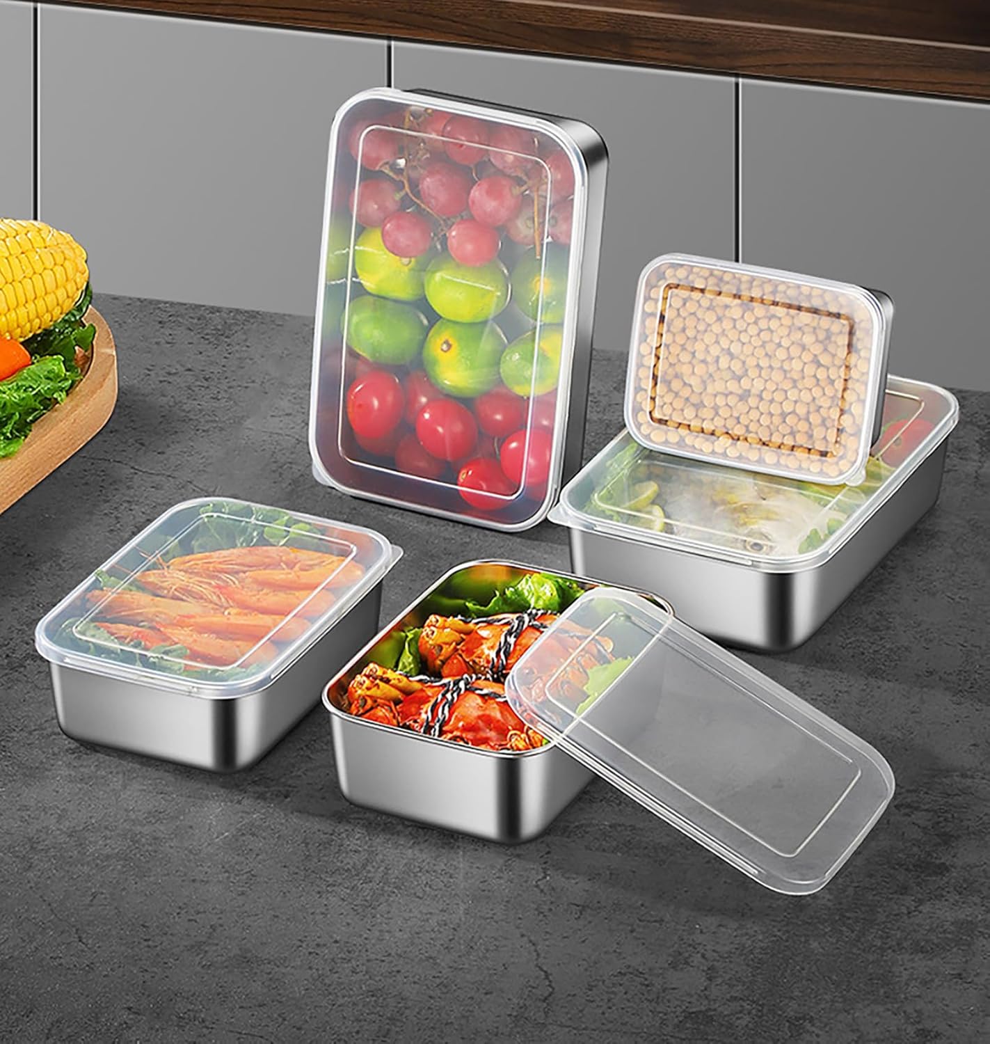 MosQuick Set of 3 Stainless Steel Boxes with lid Fridge Containers Kitchen Steel Containers for Kitchen storage box for Kitchen tiffin box perfect airtight & leak proof Steel container with lid,Silver