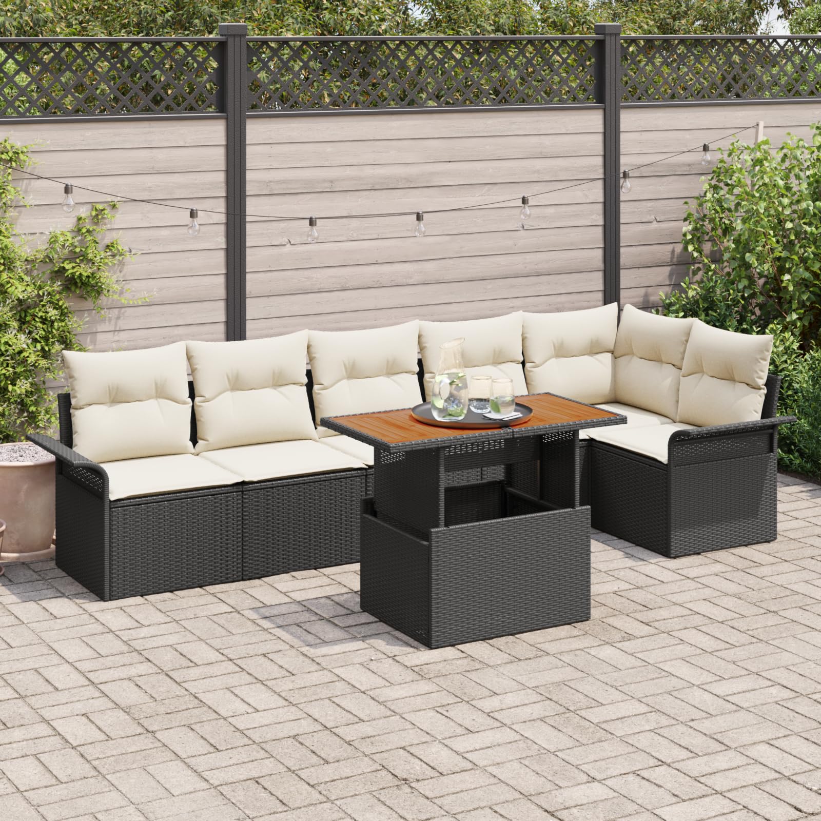 7-częściowy zestaw mebli ogrodowych z poduszką, czarno-biały, polirattanowy – modułowa sofa outdoorowa na taras, balkon, odporny na warunki atmosferyczne komplet wypoczynkowy ze zdejmowaną