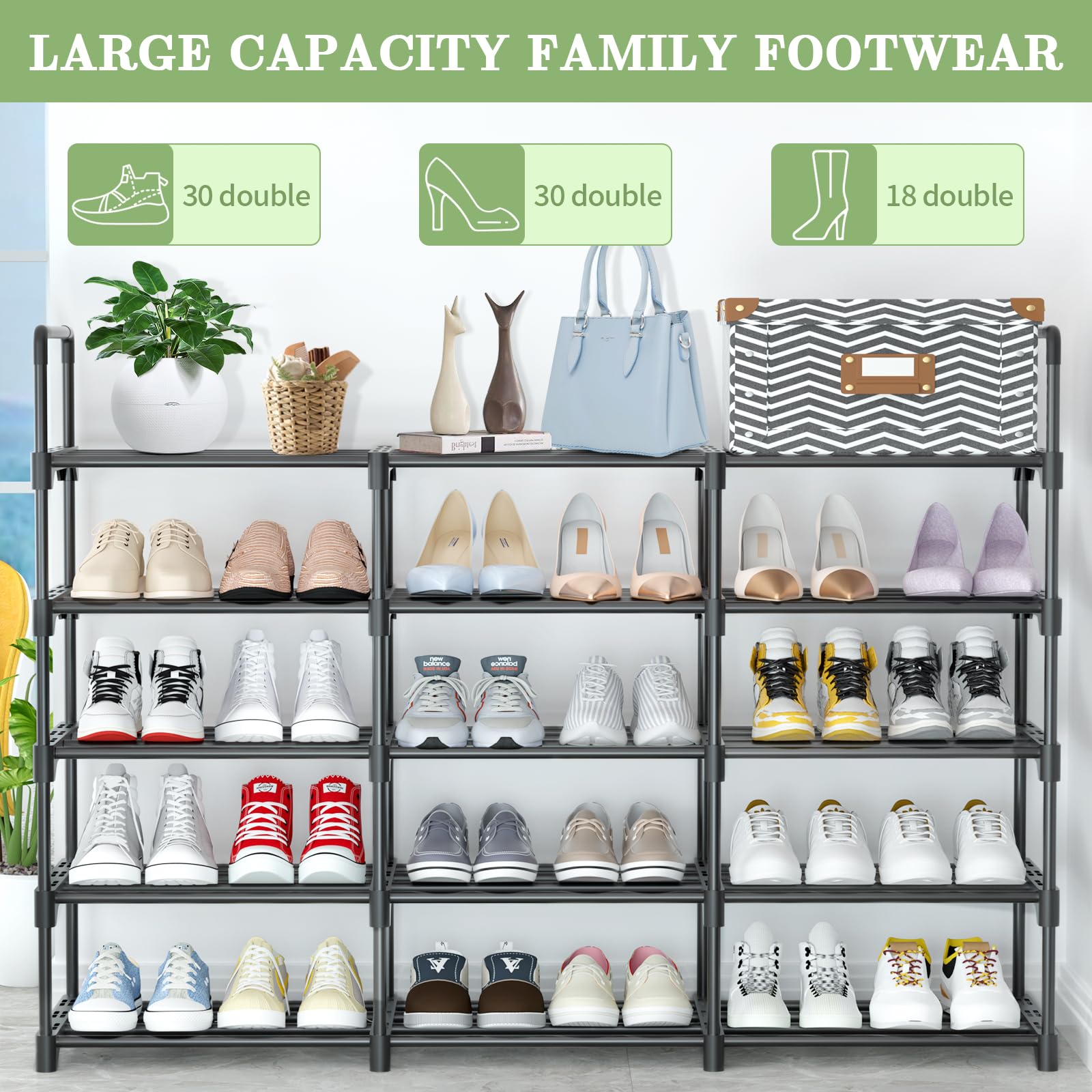 Mueble Zapatero de 5 Niveles Que Ahorra Espacio, de Metal para 30 Pares de Zapatos, Negro, Adecuado para Salas de Estar y Recibidor