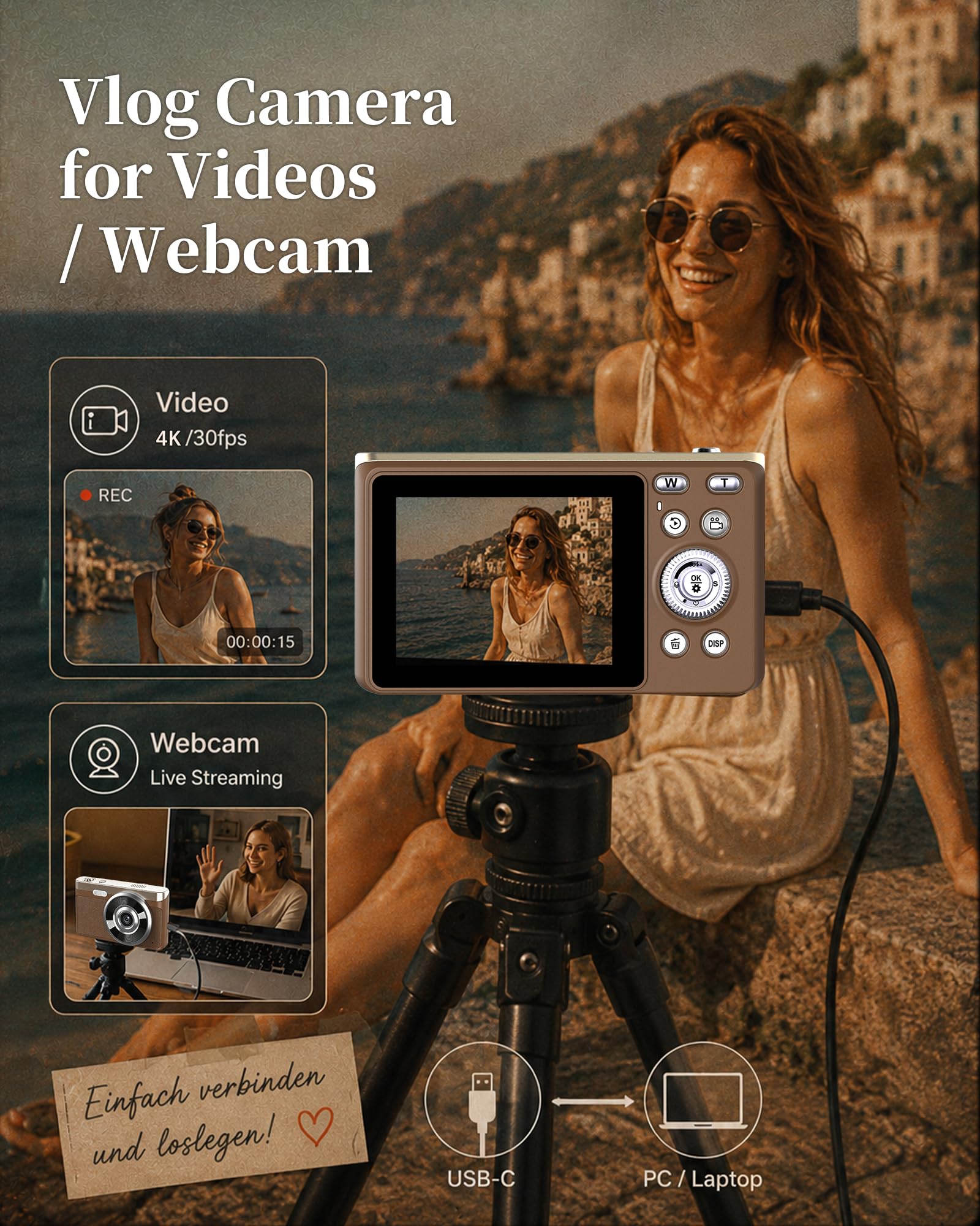 Fotocamera digitale 4K, 48 MP, messa a fuoco automatica, con schermo da 2,8", zoom digitale 16x, scheda SD da 64 GB, portatile, compatta per bambini, adolescenti e principianti