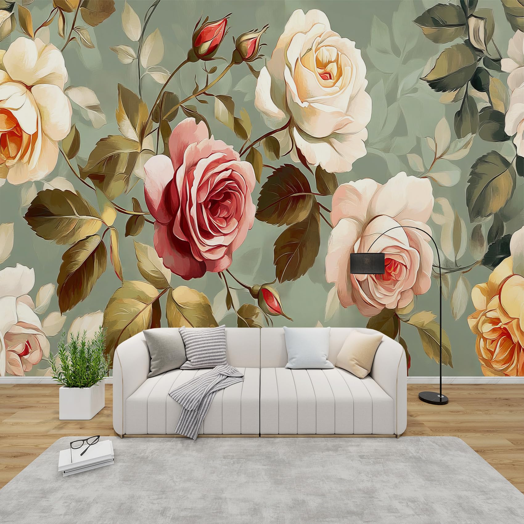 QEODAH Rose Mural Wallpaper for Living Room, Vintage Rose Floral Wall Art for Bedroom, Green Leaf Wall Murals for Bedrooms, Renter Friendly Removable Waterproof Photo Wallpaper 3D, 100x70 cm