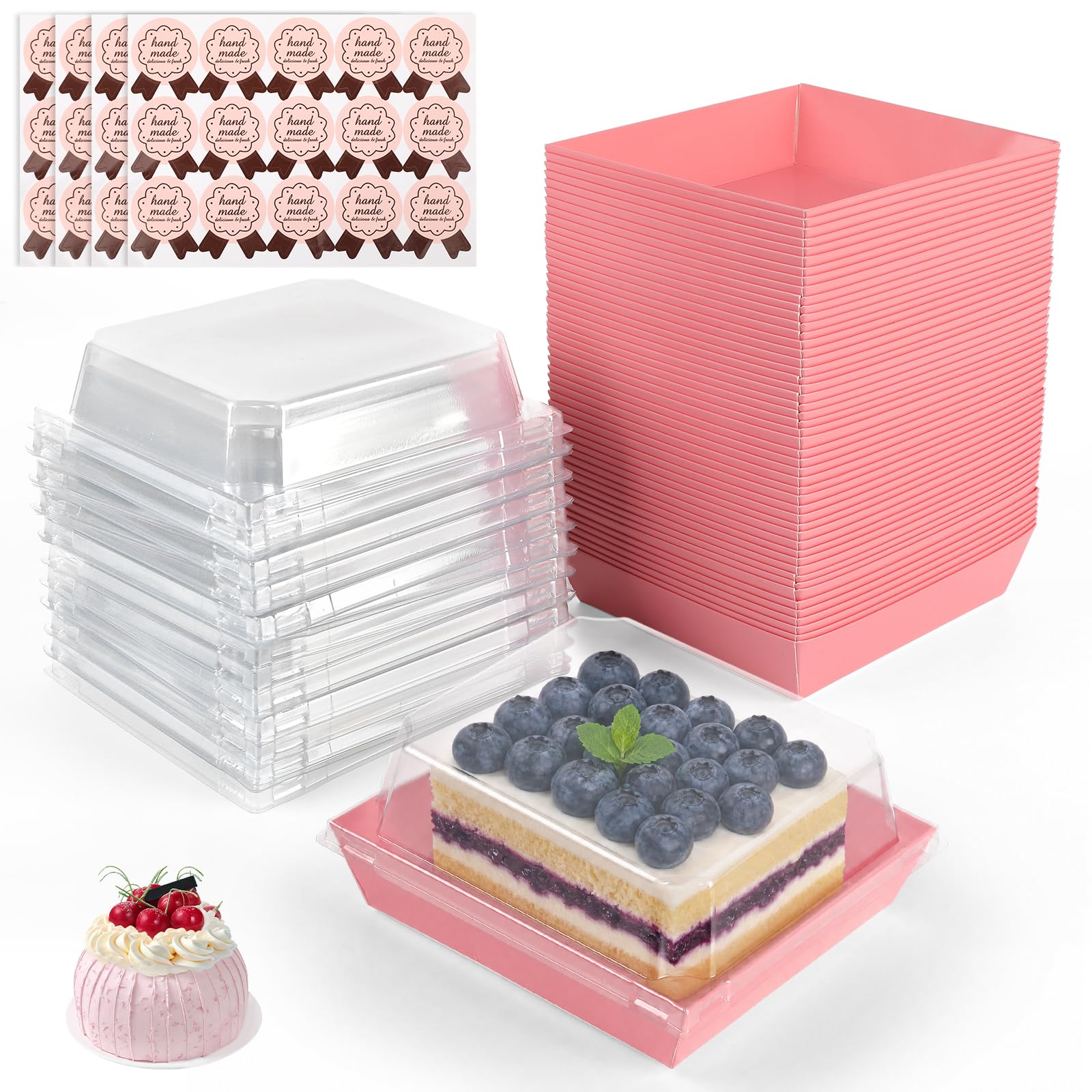 50 Pack Pink Kraft Paper Cake Boxes with Lids, 13.5x12.5x6.5cm Square Cake Slice Containers, Multi-Purpose Boxes for Cake Portions, Portable Bento & Brownie Box for Bakery, Wedding & Party Use