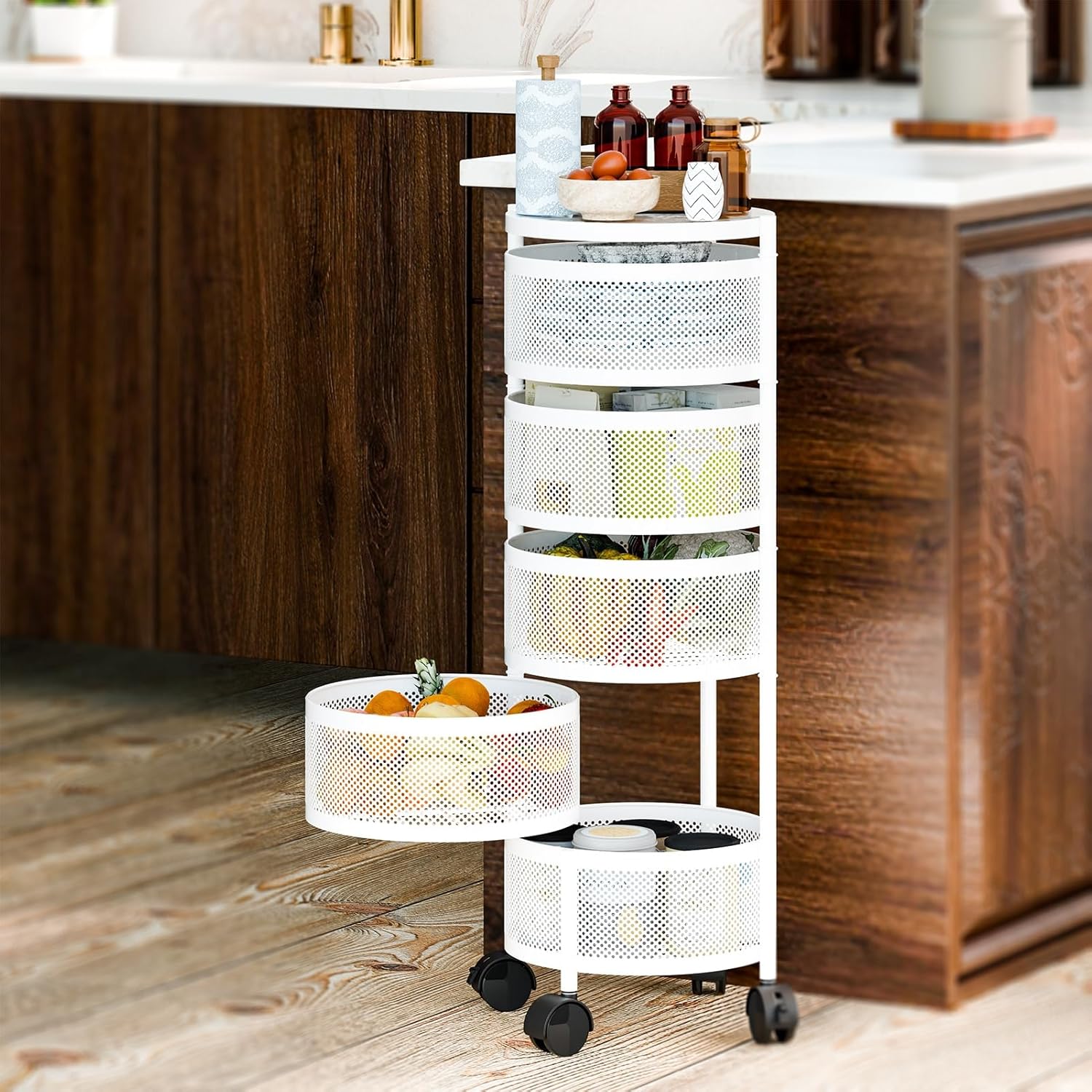 Honrane Rotating Storage Rack for Kitchen, 5 Tier Fruit and Vegetable Kitchen Storage Cart, Large Storage Rack with 360 Degree Wheels,Large Fruit Basket with Top Lid for Living Room, Office, White Wh