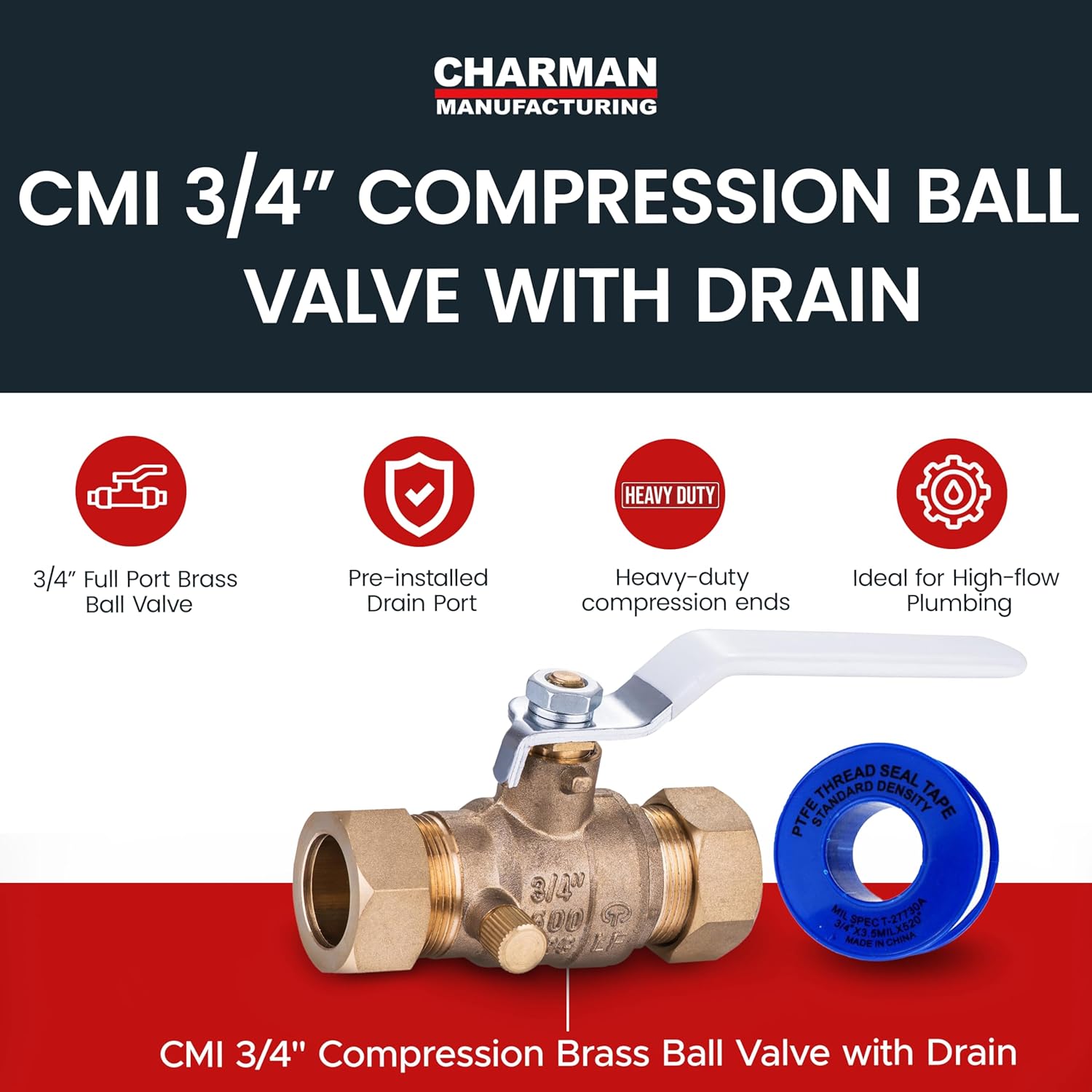 CMI Inc - 3/4 Inch Compression Brass Ball Valve with Drain, Full Port, Heavy Duty Shut-Off Valve for Water Lines, Inline Plumbing Fitting with Teflon Seal, 600 WOG, Lead-Free, CSA Approved - 10 Pack