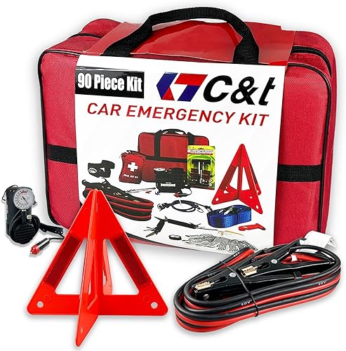 C&T Kit de emergencia para automóvil de 90 piezas, kit de emergencia y primeros auxilios en carretera con compresor de aire, cuerda de remolque, kit