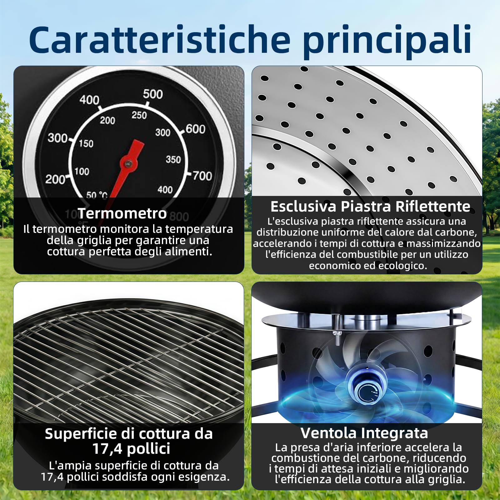 Barbecue Carbonella Portatile da 17" con Termometro Integrato, Presa d'aria Regolabile e Ventola Regolabile, Barbecue a Legna da Esterno per Campeggio, Tailgating e Cucina all'aperto