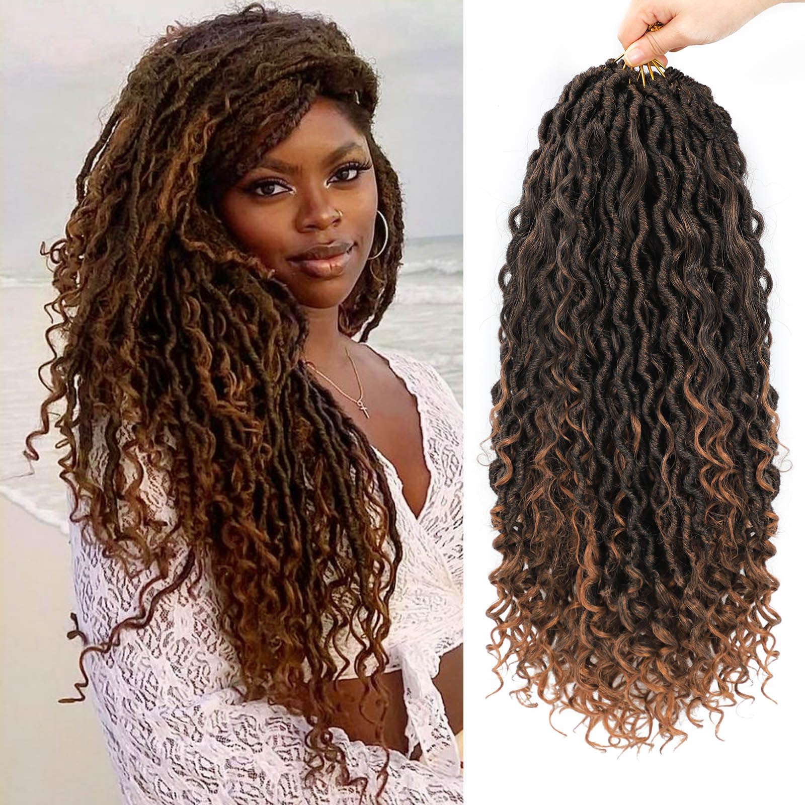Goddess Locs Crochet Hair 18 Inch 8 Packs Faux Locs Crochet Hair for Women Pre Looped Crochet Boho Goddess Faux Locs Crotchet Hair with Curly Ends (18 Inch 8 Packs, T30)