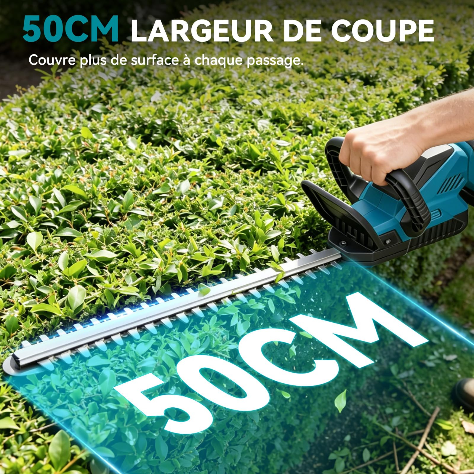 Yofidra Taille Haie Batterie 50cm, Lames Doubles, Batterie 2x2.0Ah, Écartement des Dents 18mm, Poignée Rotative 180°, Taille-Haie Électrique sans Fil avec Chargeur et Housse de Protection