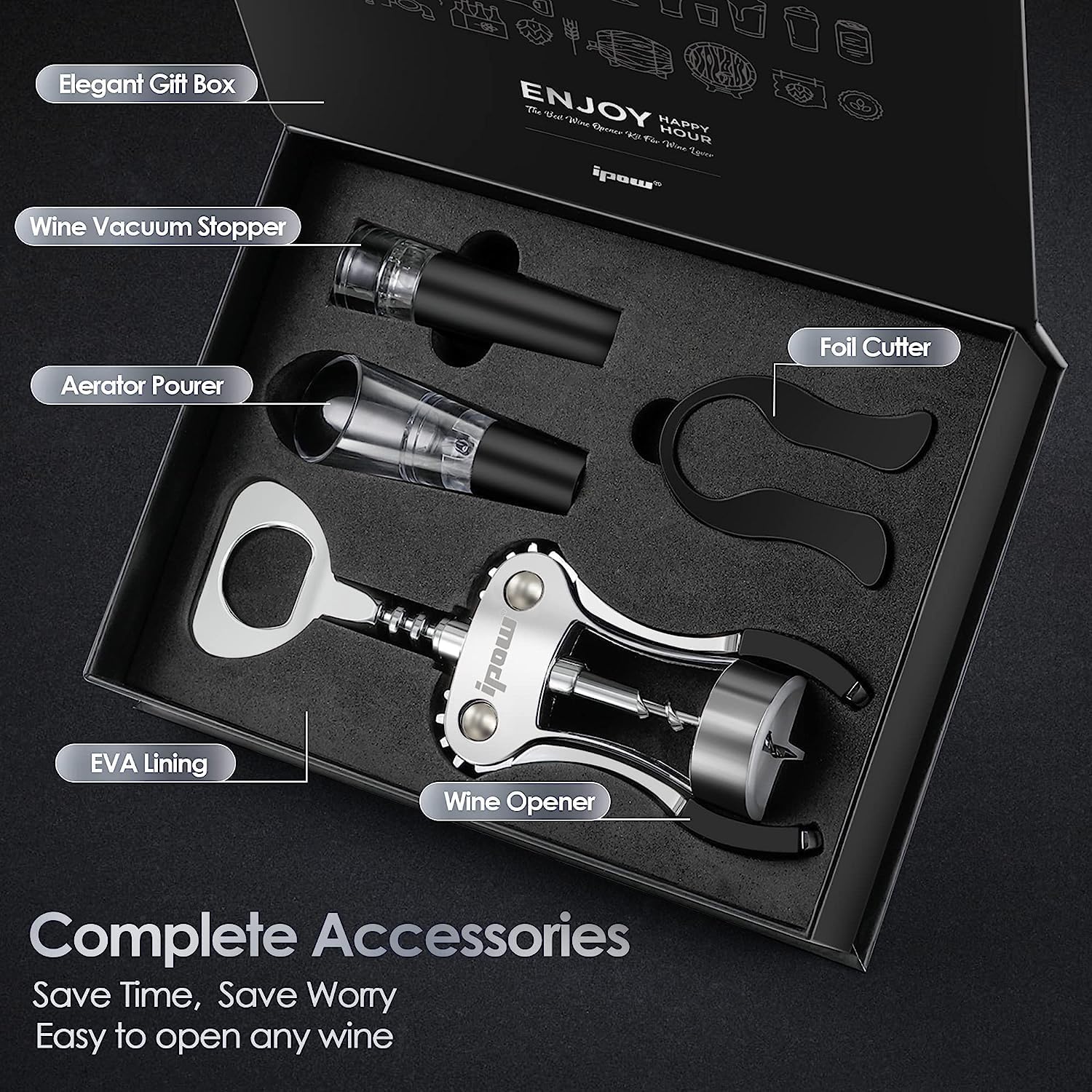 4-in-1 Korkenzieher Set, ipow Weinöffner Set mit Zinklegierung Flaschenöffner, Folienschneider, Weinausgießer und Vakuum Weinverschluss, perfektes Weinflaschenöffner Zubehör für Weinliebhaber