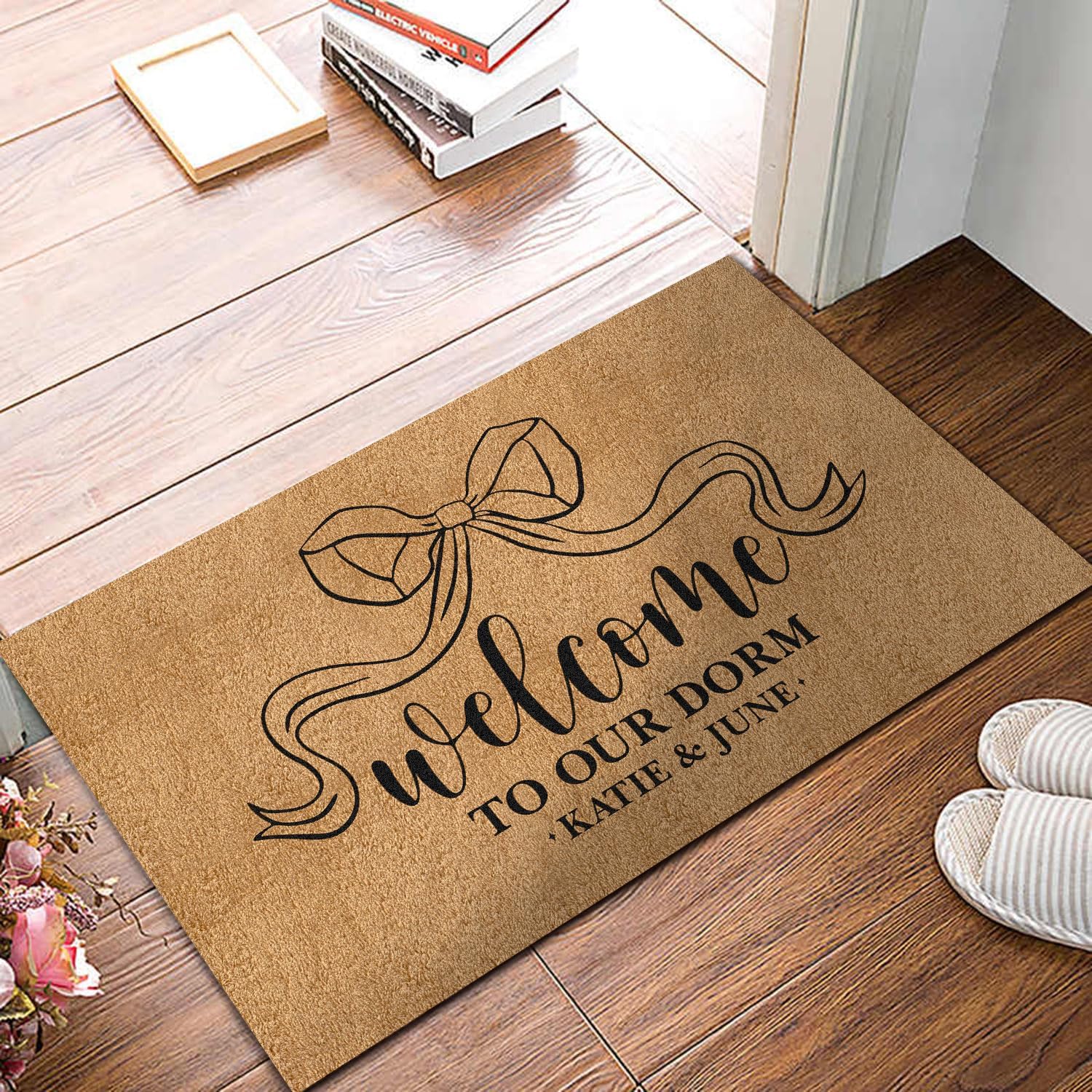 Personalized Welcome To Our Dorm Bow Doormat, Coquette Bows Door Mat Dormitory Pink Black Bow Ribbon Print Entrance Floor Mats Girly Dorm Apartment Decor Indoor Outdoor Nonslip Washable Rug for Girls