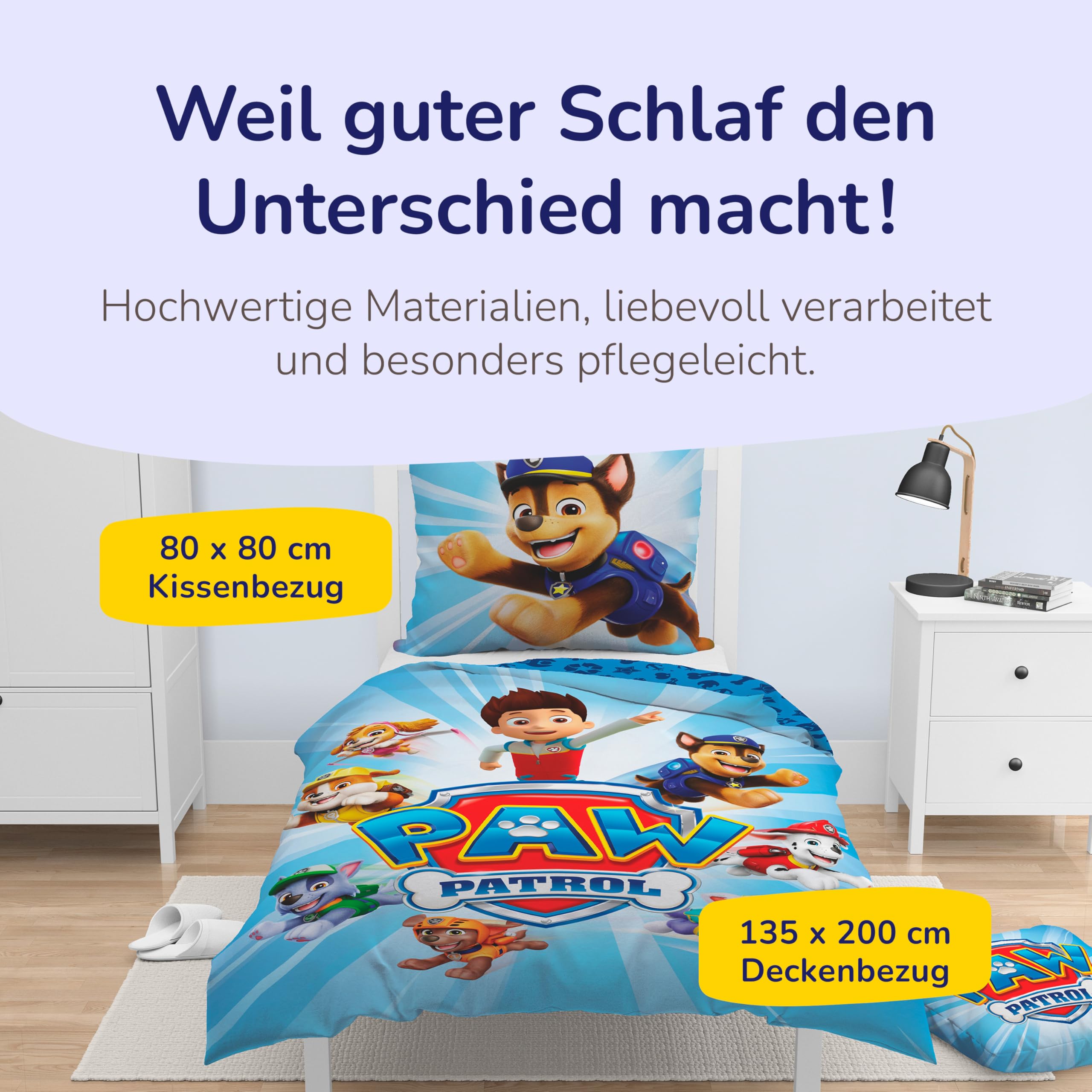 Träumschön Premium Paw Patrol Bettwäsche 135x200 80x80 - Paw Patrol - 100% Baumwolle - Chase PawPatrol Mighty Pups - Kinder Bettwäsche 135x200 für Jungen & Mädchen