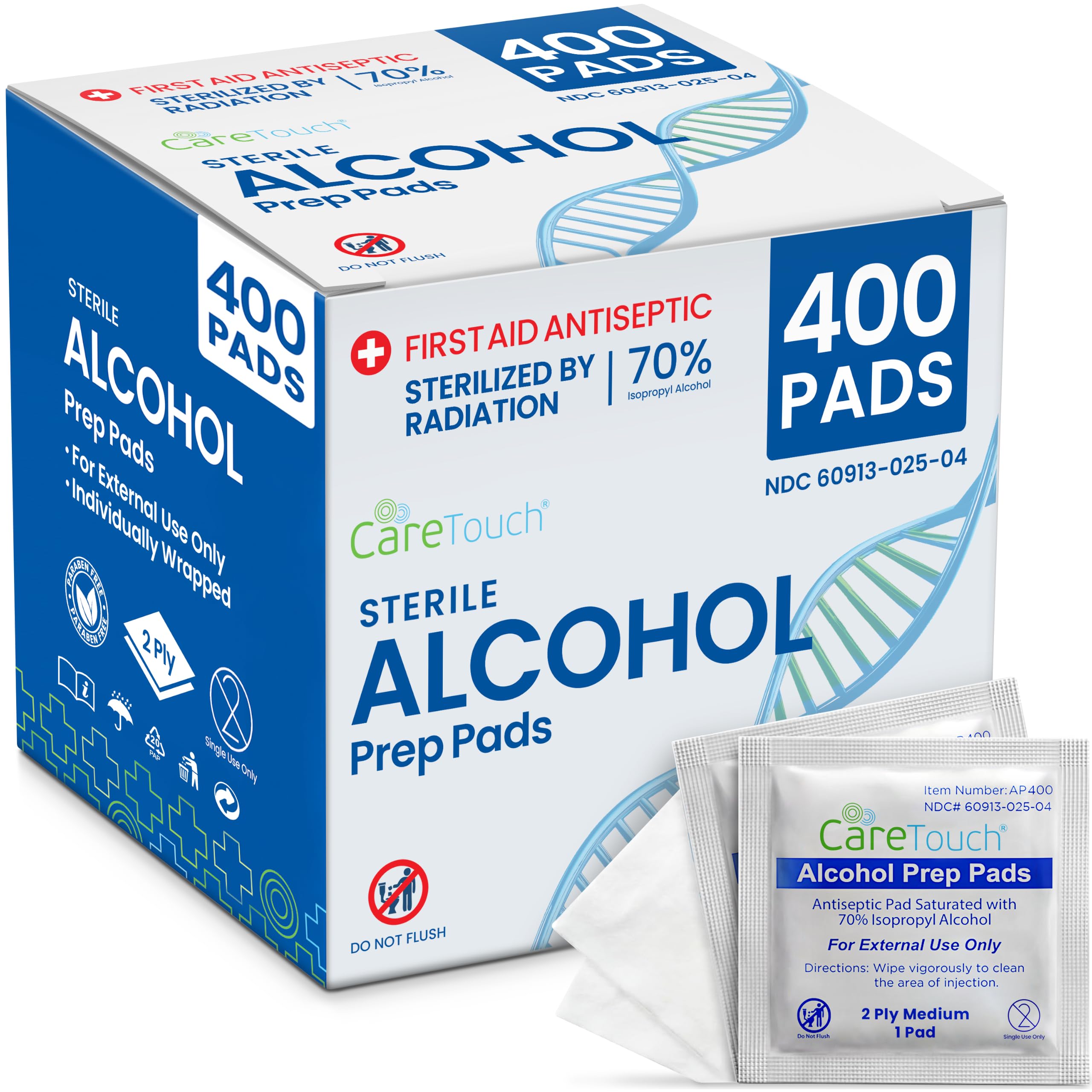 Care Touch Alcohol Prep Pads - 400 Count Alcohol Wipes Individually Wrapped, 1.18x2.36 Inches - 70% Isopropyl Swabs for Home, Medical, or First Aid Kits - Sterilized 2-Ply Pads