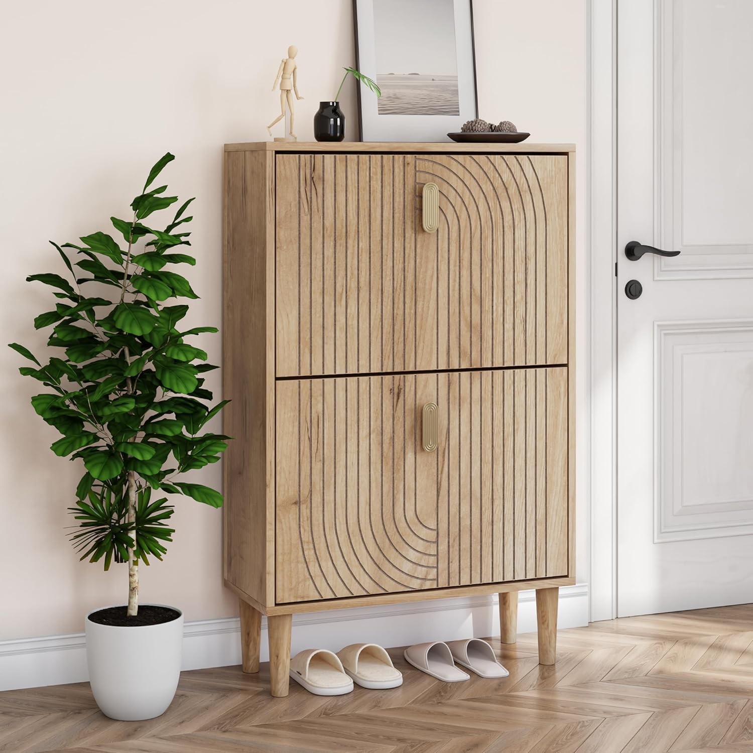 Smuxee Shoe Cabinet with 2 Flip Drawers, 23.6" Oak Hidden Shoe Storage Cabinet with Line Groove Design, Freestanding Shoe Organizer Cabinet for Entryway, Hallway, Living Room 23.6"(60cm) Oak With Flip Drawers