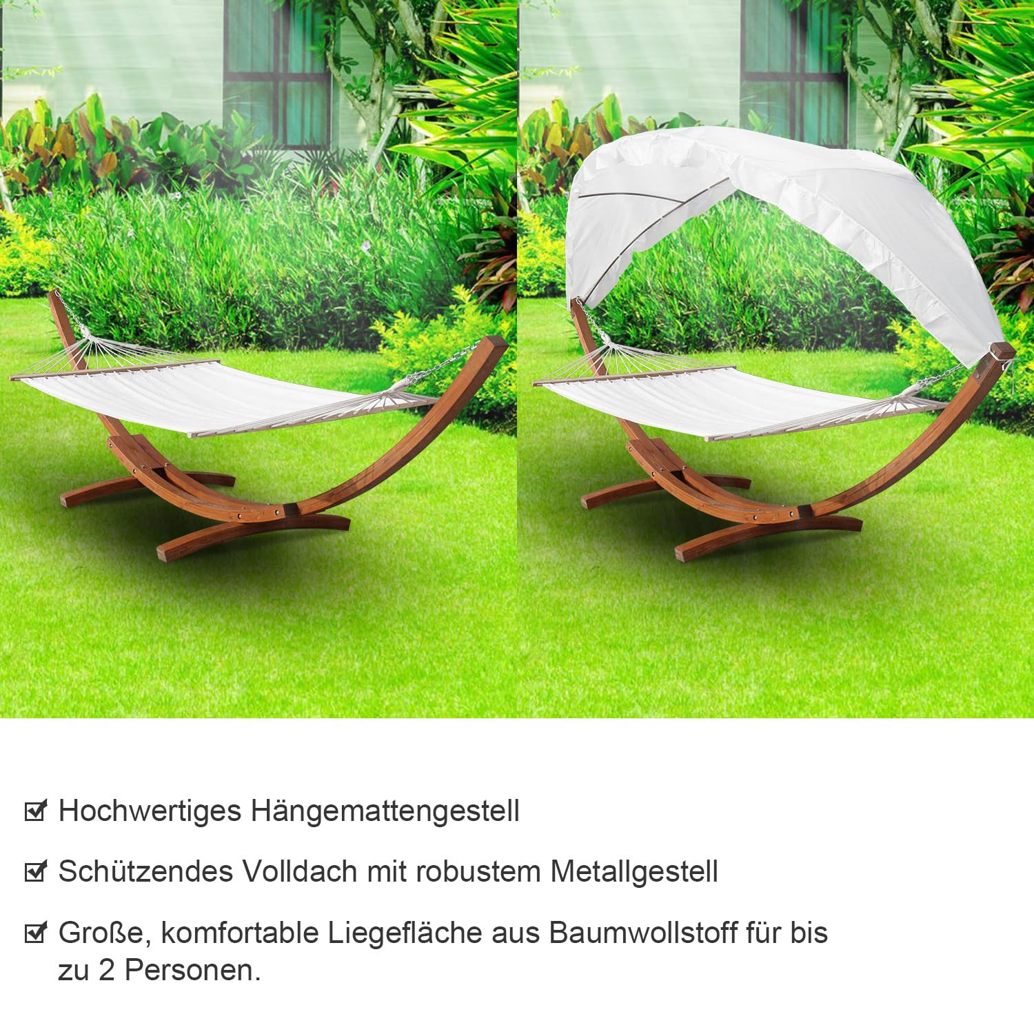 Hamak outdoorowy, podwójny leżak ze stelażem, powierzchnia do leżenia 200 x 150 cm, obciążenie maks. 200 kg, huśtawka wisząca, hamak, meble na balkon, do ogrodu i na taras