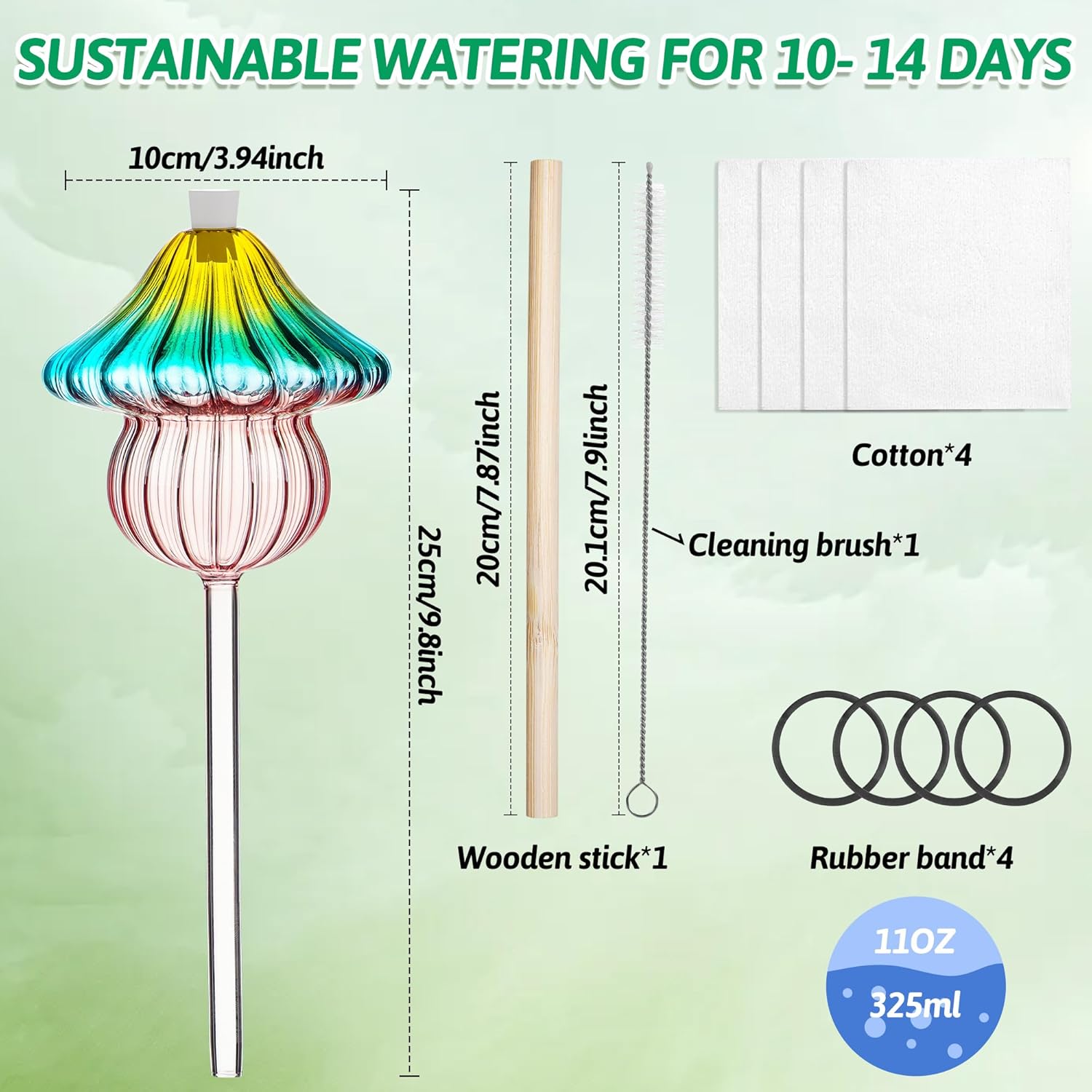 11 oz Large Plant Watering Globes, Mushroom Gradient Color Glass Watering Bulbs, Vacation Plant Watering Devices, Self Watering Globes - Self Watering Planter Insert for Travel (Large 4-Pack)