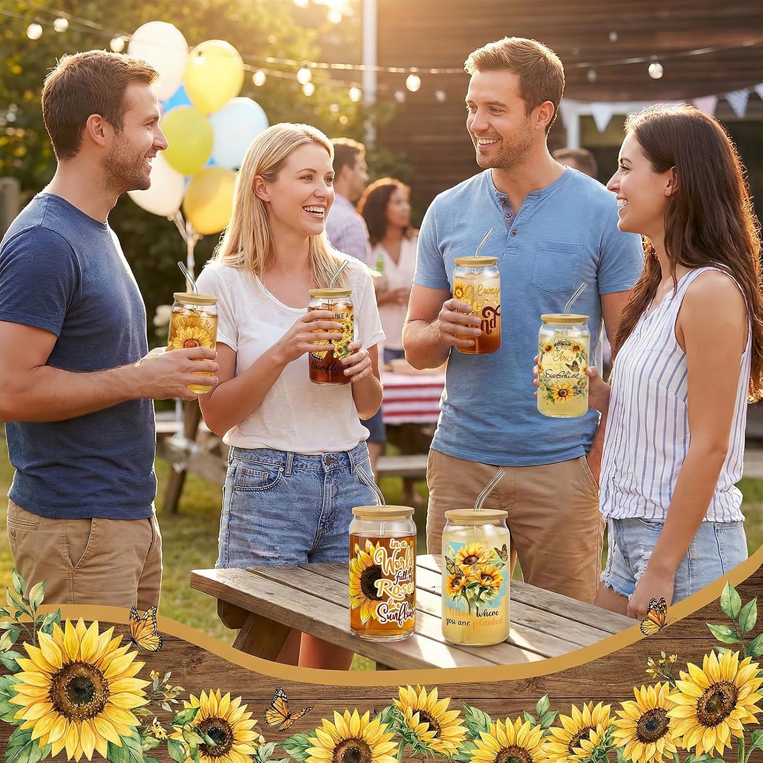 6Pcs Sunflower Motivational Glass Cups with Lids and Straws 16oz Inspirational Sunflower Be Kind Drinking Glasses Cups for Women Girls Friend Christian Iced Coffee Cup Tumbler Birthday Gifts - Image 7