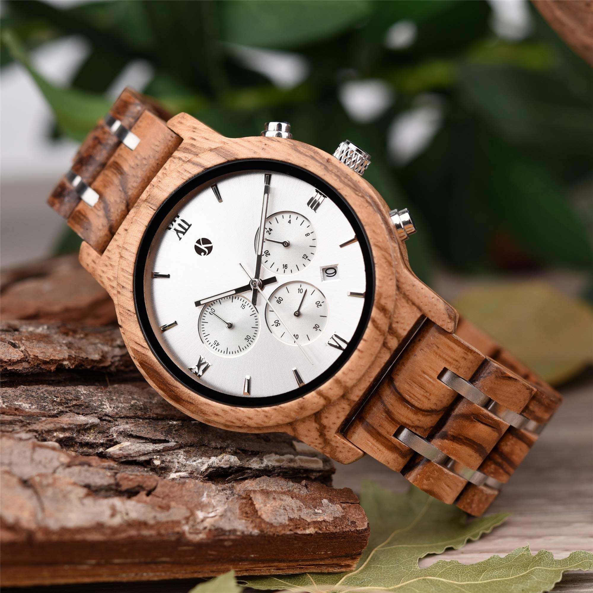 Kim Johanson Herren Holz-Edelstahl Armbanduhr *Air Force* in Hellbraun Chronograph mit Einem Gliederarmband Handgefertigt Quarz Analog Uhr inkl. Geschenkbox