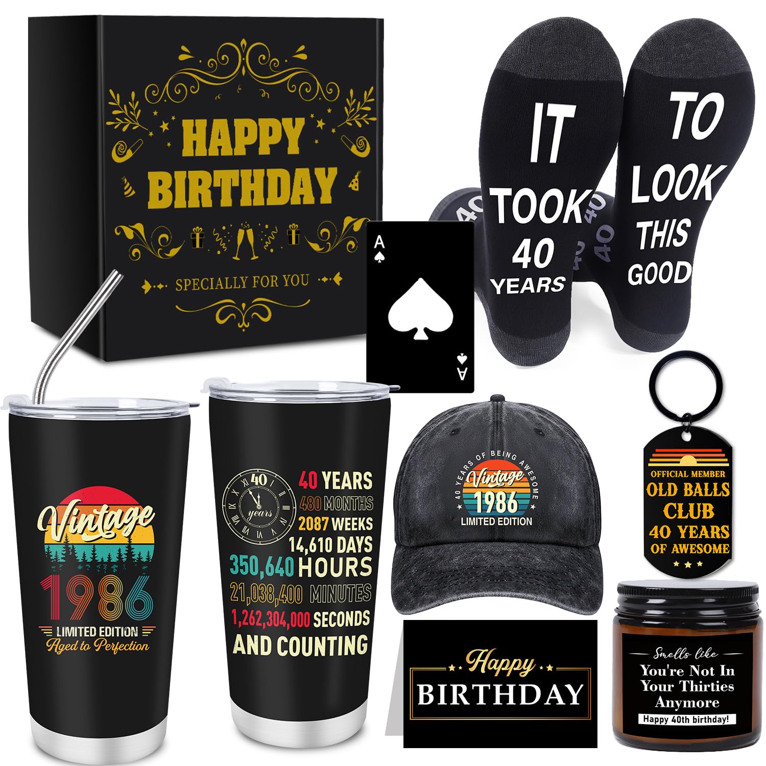 Eiapadeor 40th Birthday Gift for Men - Vintage 1986 40 Year Old Man Present, 7 Pcs Birthday Gifts Tumbler Baseball Cap Bottle Opener Socks Present for Husband Father Dad's 40th Father's Day Christmas