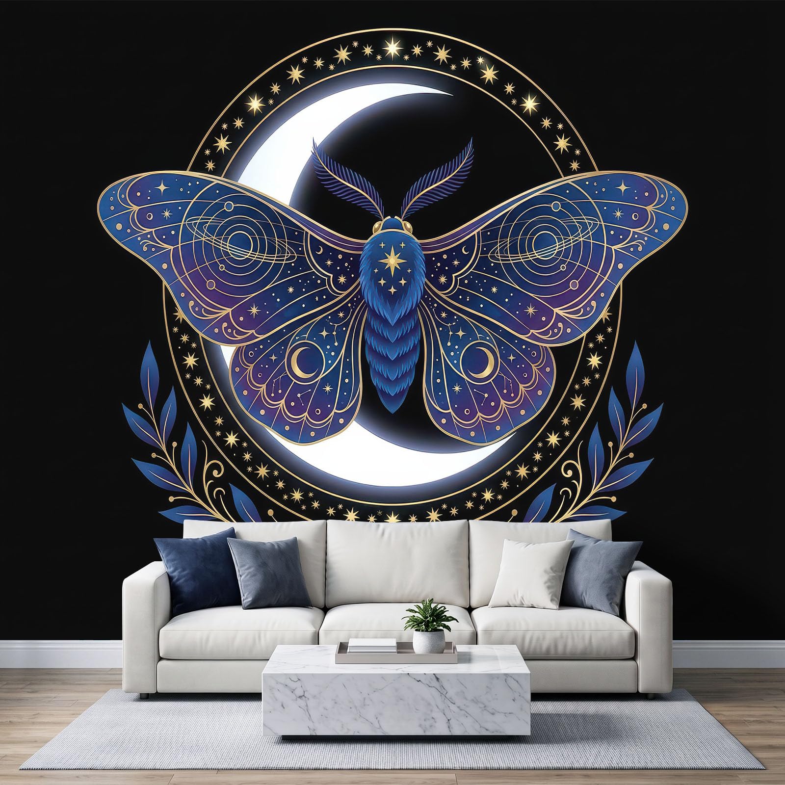 Fantazyjna tajemnicza astrologia ćma mural tapeta dla chłopców i dziewcząt, czarny mural ścienny nietkany plakat fototapeta moda dziecięca dekoracja domu, sztuka ścienna 3D 200 x 140 cm