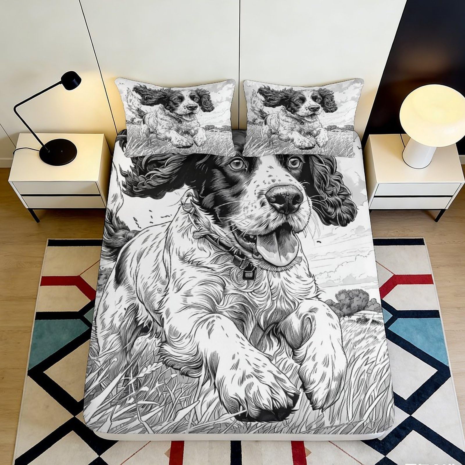 3D Printed Black and White Dog Pattern Fitted Sheet Microfiber Soft Breathable Playful Puppy Bed Cover for Bedroom Dormitory Guest Room Mattress Protection 120x200x25cm