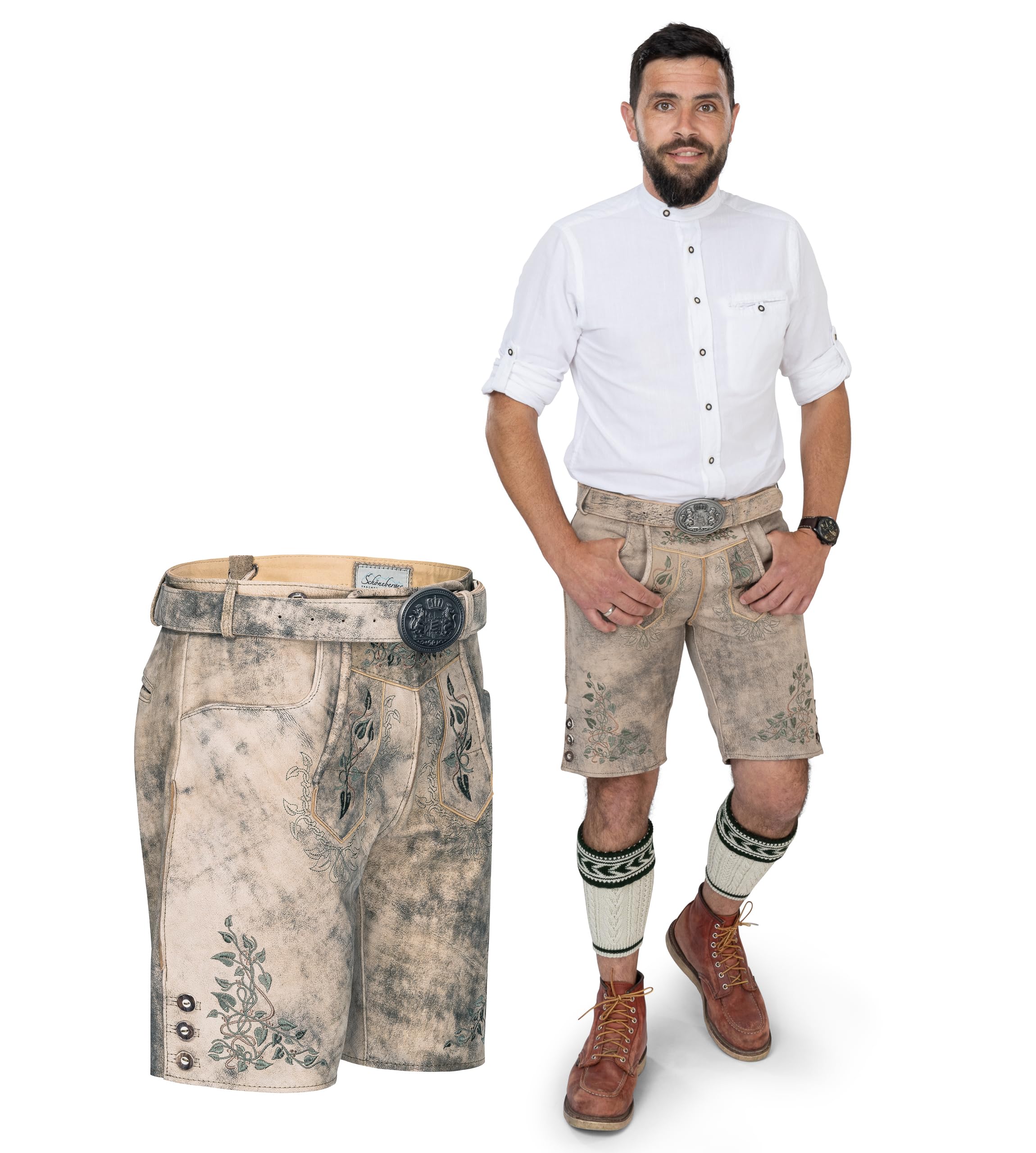 Schöneberger Trachten Couture Herren Lederhose kurz, Nubuk-Leder Trachtenhose für Oktoberfest, Trachtenlederhose gespeckt Sepp