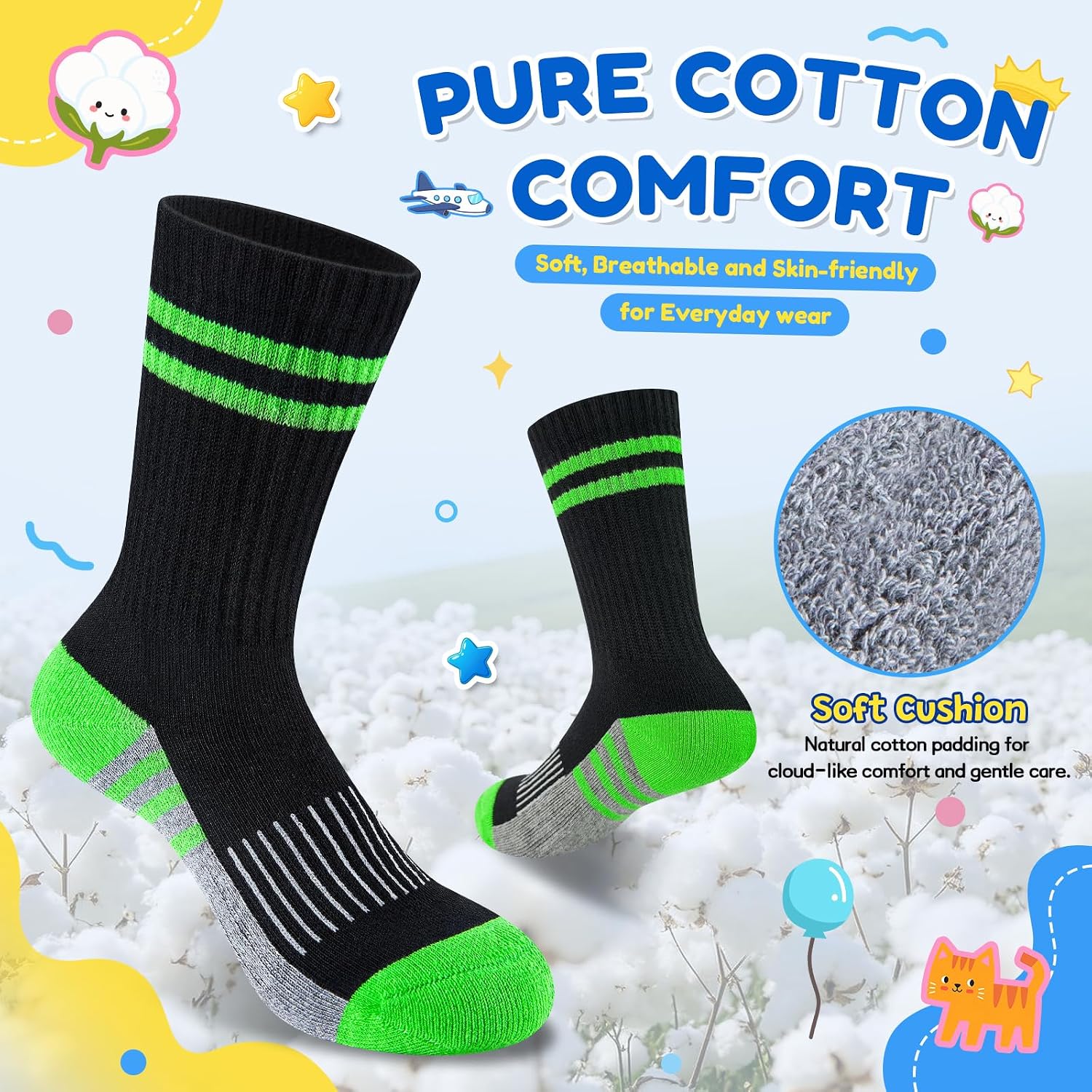 Boys 100% Cotton Cushioned Crew Socks,Athletic Long Socks