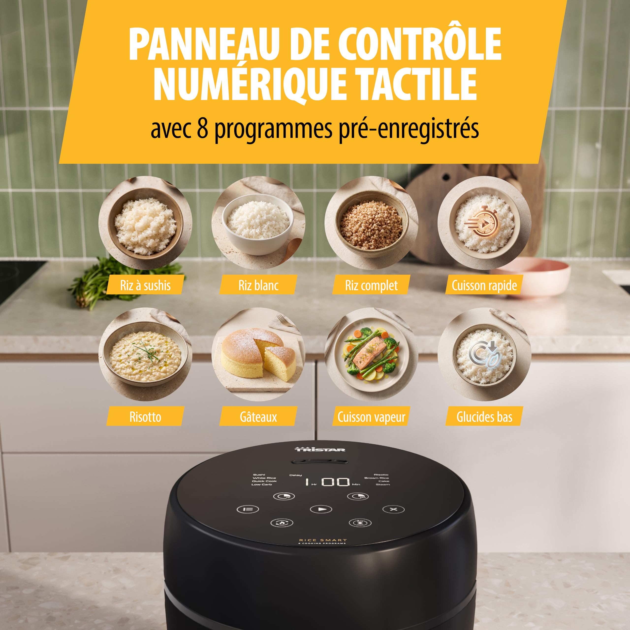 Tristar Cuiseur à Riz Numérique avec Fonction Low Carb, 8 Programmes Automatiques, Capacité de 0,6 L de Riz, Commandes Digitales, Facile à Nettoyer, RK-6238