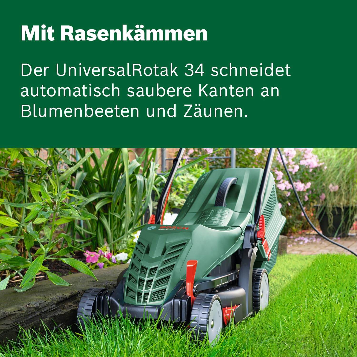 Bosch kabelgebundener Rasenmäher UniversalRotak 34-405 (1300-W-Motor, Schnittbreite: 34 cm, 40-Liter-Grasfangkorb, geeignet für ebenes Rasenmähen und Schneiden Kleinster Kanten)