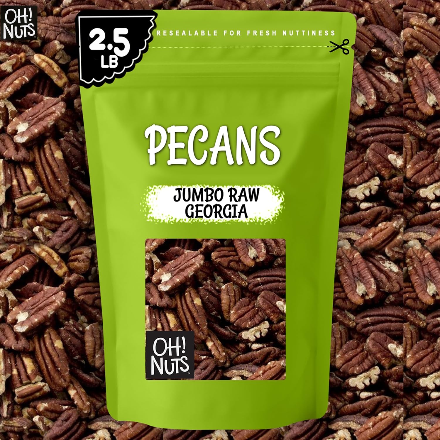 Oh! Nuts Pecans Halves & Wholes - Raw - 100% Natural - 2 lb - Raw Georgia Pecans - Packed in New York Zip-Seal Bag for Exceptional Freshness