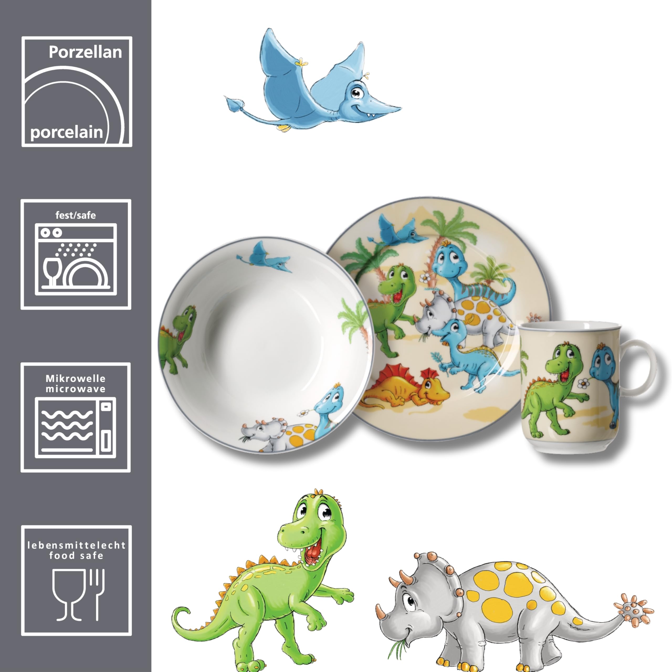 Ritzenhoff & Breker Set di stoviglie per bambini con tovagliette a forma di dinosauro, 4 pezzi, colorate, ciotole, bicchieri, piatti in porcellana, 45 x 30 cm, set per bambini con motivi di dinosauri