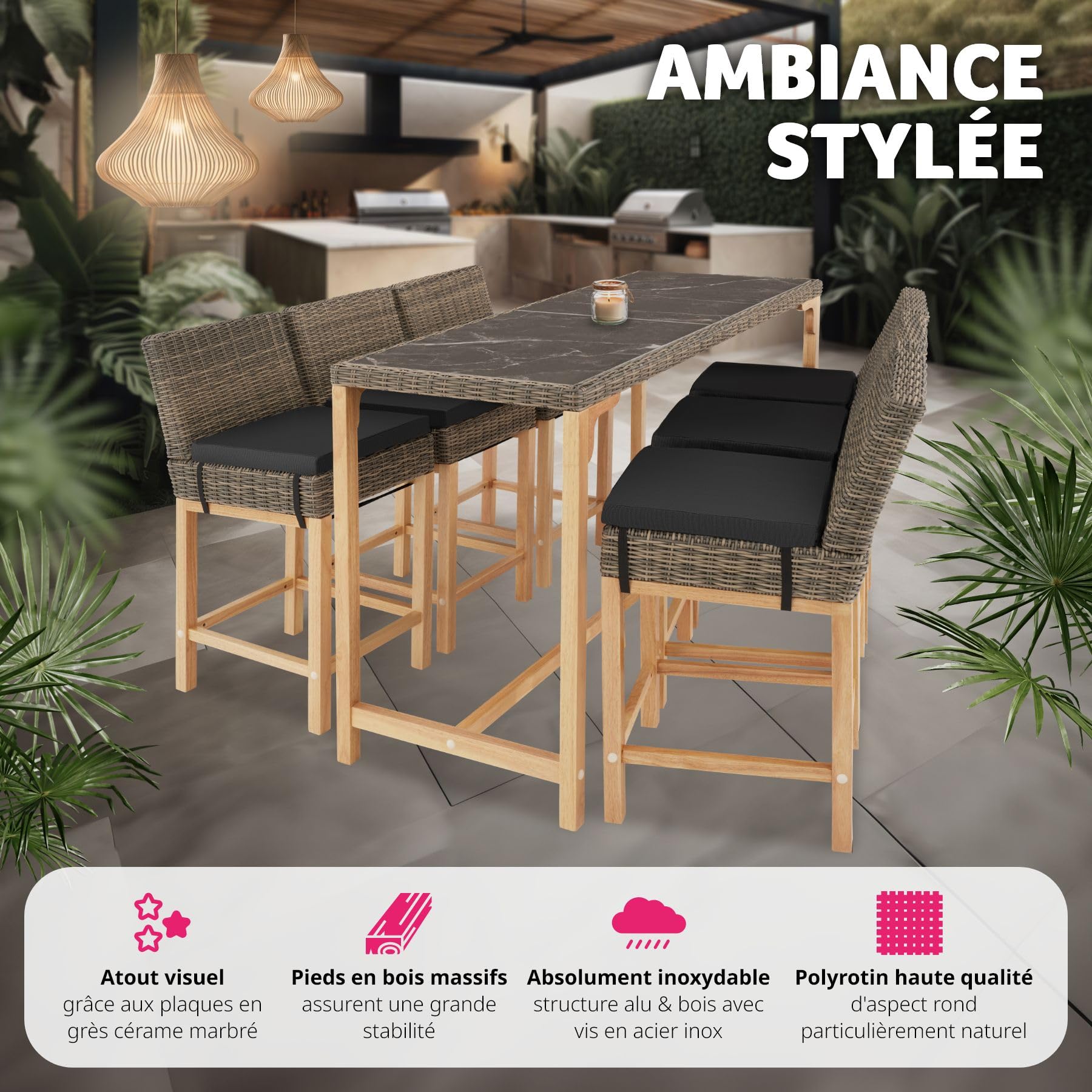 tectake® Table de Bar Haute Extérieur en Résine Tressée & Grès cérame Fin marbré Résistante aux intempéries pour Salon de Jardin, Structure en Aluminium & Bois Massif, Mobilier de Jardin