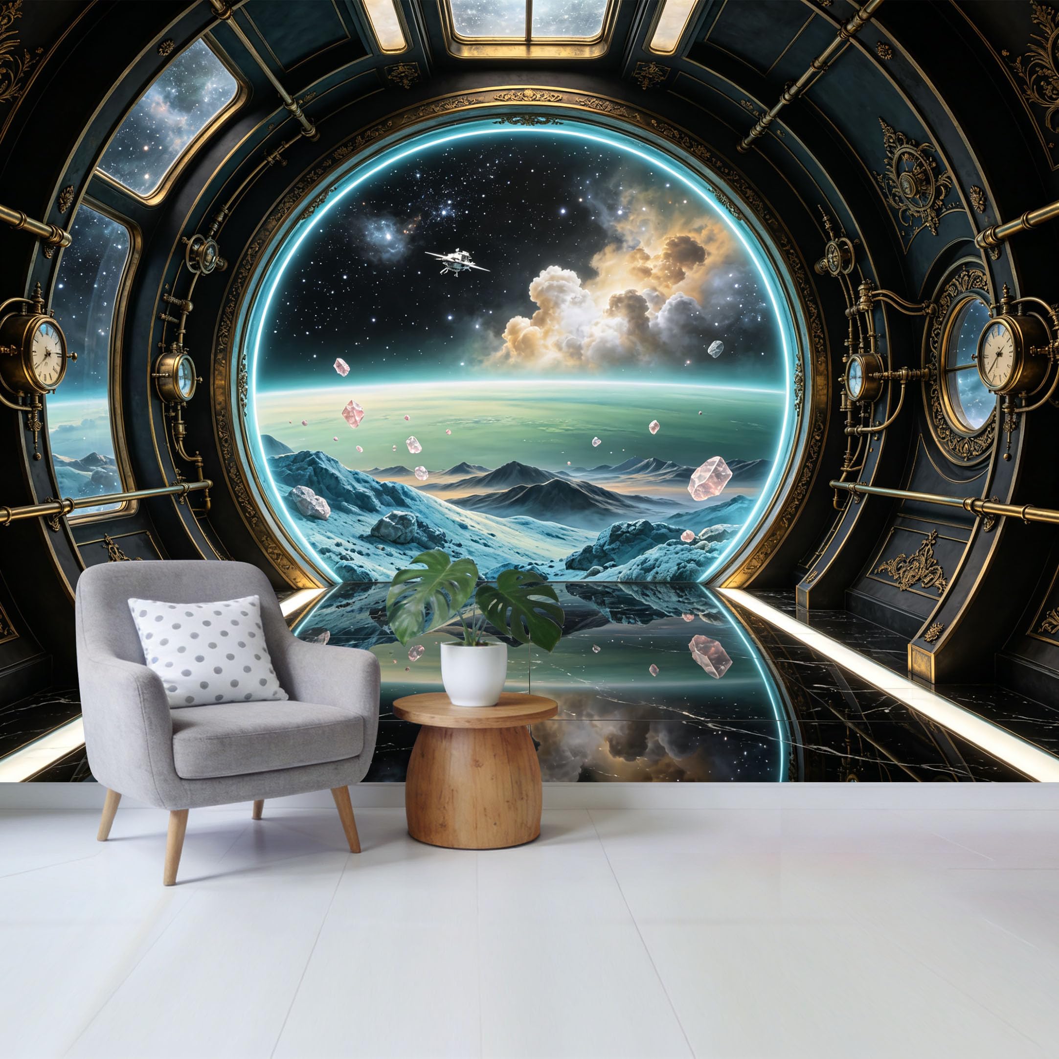 Custom Size Wall Mural SciFi Space Portal Galaxy Planet 3D Trompe L'Oeil Removable Self Adhesive Fabric，Home Wall Decor for Living Room Bedroom Bathroom