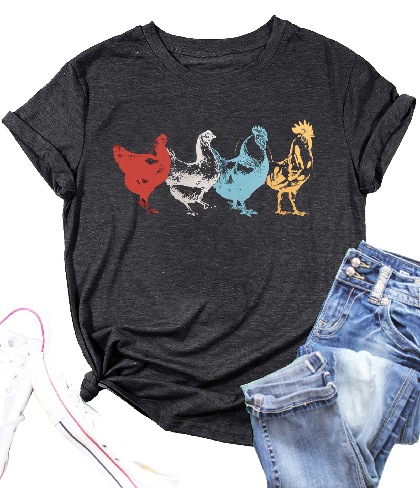Chicken Shirt for Women Farm Life Tees Farm Girl T Shirt Funny Chicken Graphic T-Shirt Casual Short Sleeve Tops