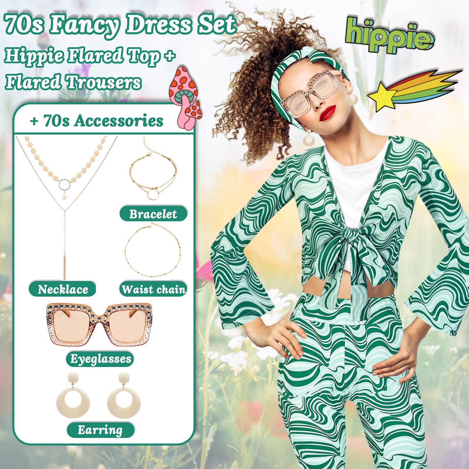 60/70s Disco Fancy Dress for Women 1970s Hippie Costume Outfit with Flared Top Trousers Headband Necklace Earrings Bracelet Waist Chain Glasses Hippy Style Clothes for Ladies Dress Up Retro Party - Image 3