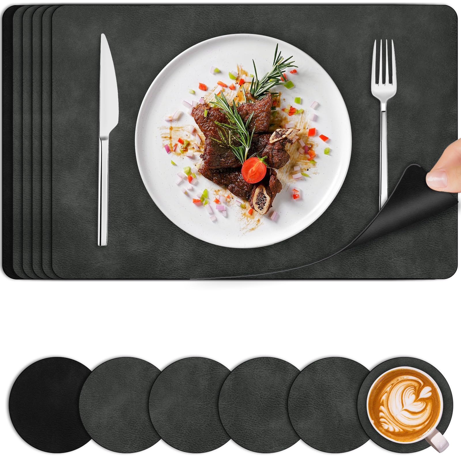 Placemats and Coasters Set of 6, PU Faux Leather Heat Resistant Washable Table Mats