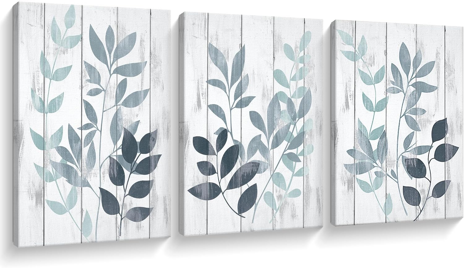 Takfot Blue Wall Art Rustic Canvas Paintings Vintage Leaf Art Prints Botanical Pictures Farmhouse Leaves Artwork Home Decor Stretched and Wrapped for Bathroom Living Room 12x16 Inch, 3 Panels