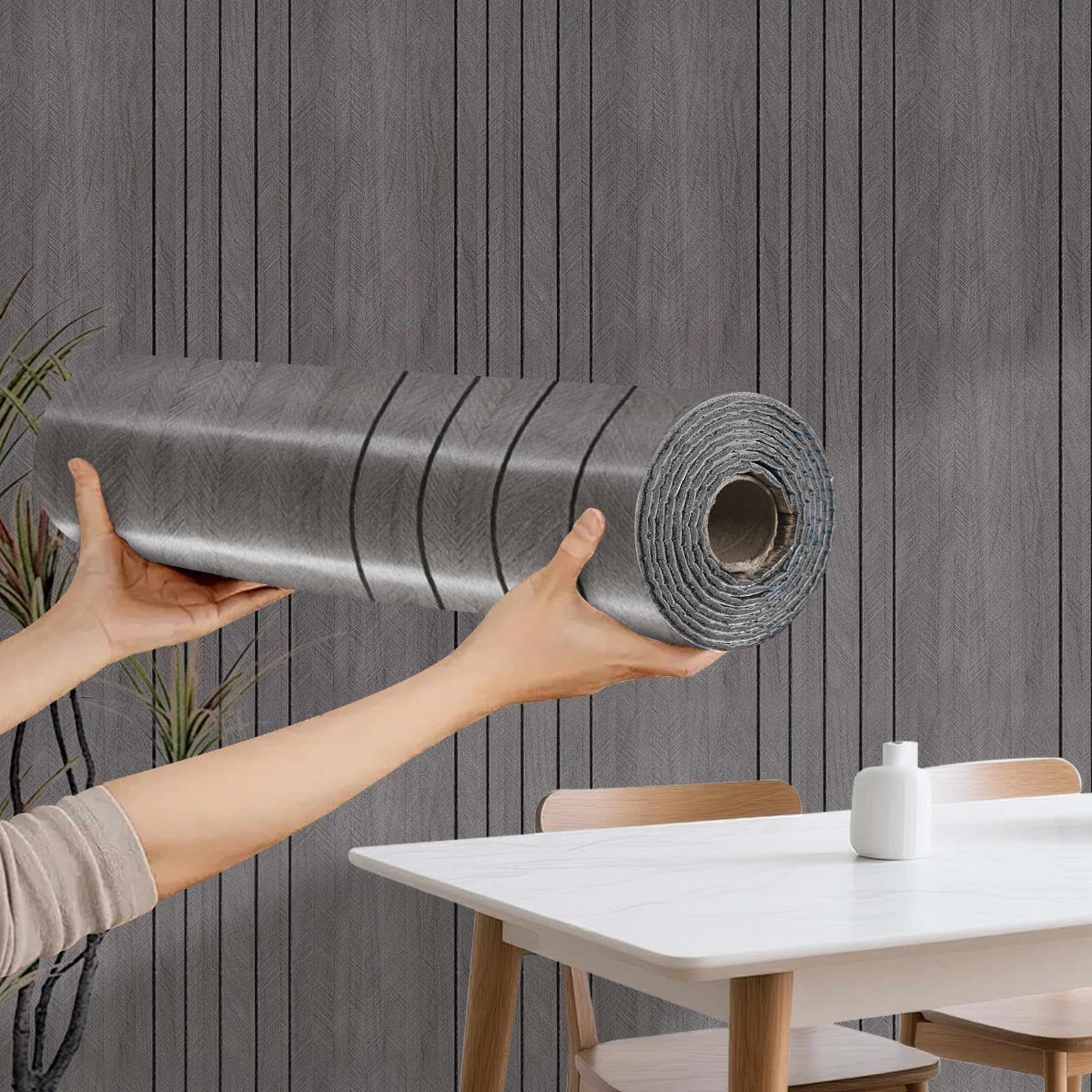 Takezuaa 1 Roll Self Adhesive Thermal Wallpaper Peel and Stick Wall Panels 3mm Thick Dark Grey Wood Effect Wallpaper for Living Room Bedroom Insulating Wall Covering Roll，300x40CM