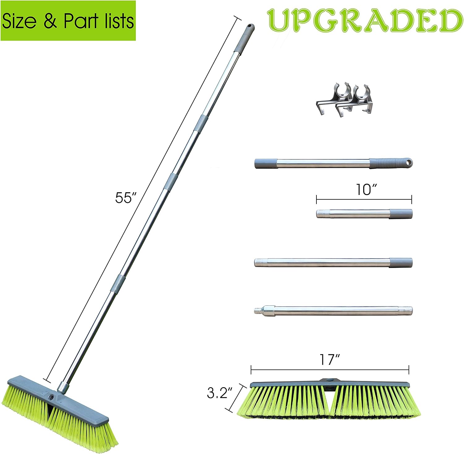 PHYEX Upgraded 18" Push Broom with Adjustable Long Handle, Total Length is 55", Multi-Surface Floor Scrub Brush for Cleaning Deck, Patio, Garage, Driveway