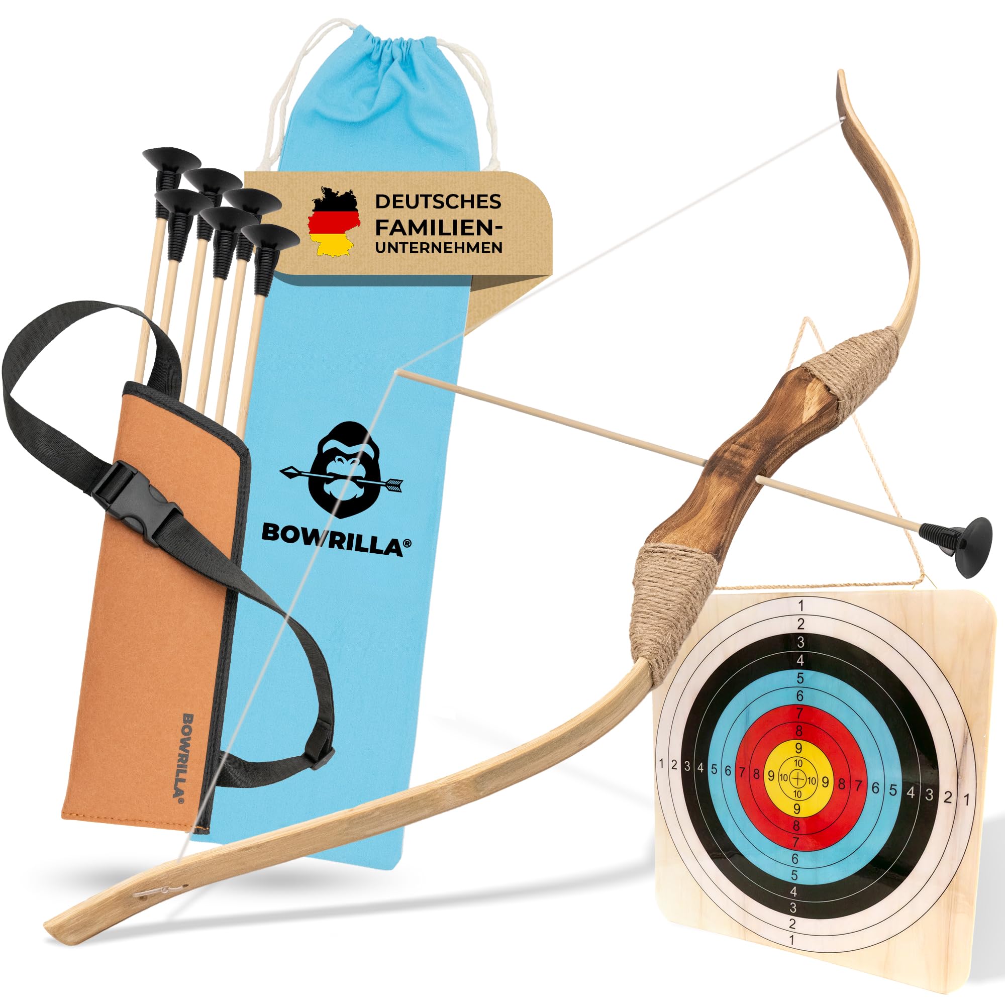 BOWRILLA® Pfeil und Bogen Kinder Set mit 6 Saugnapf-Pfeilen, Zielscheibe aus Holz und Köcher | Bogenschießen Kinder Spielzeug für Indoor- und Outdoor Spiele ab 4 Jahren | Für Rechts- und Linkshänder