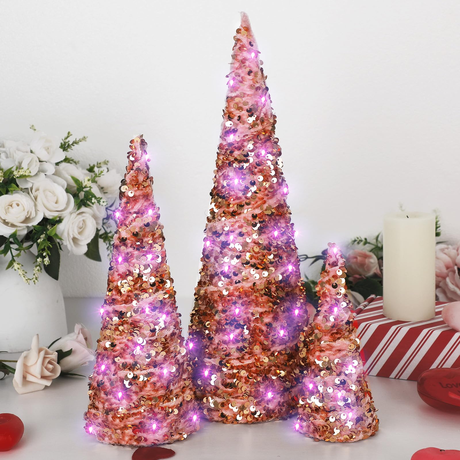 Ceenna 3 Pcs Valentine's Day Velvet Trees Set Christmas Tree Decorations Holiday Mantel Shelf Decor for Farmhouse Dining Centerpiece(Pink, Confetti)