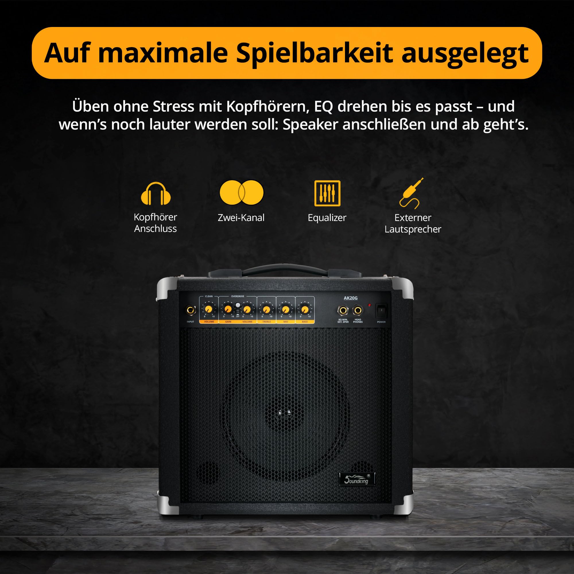 Amplificador Guitarra Soundking AK20-G 60W, Ecualizador 3 Bandas, Altavoz 8", 2 Canales, Salida Auriculares y Altavoz, Ideal Principiantes, Esquinas Protectores Extra Resistentes.