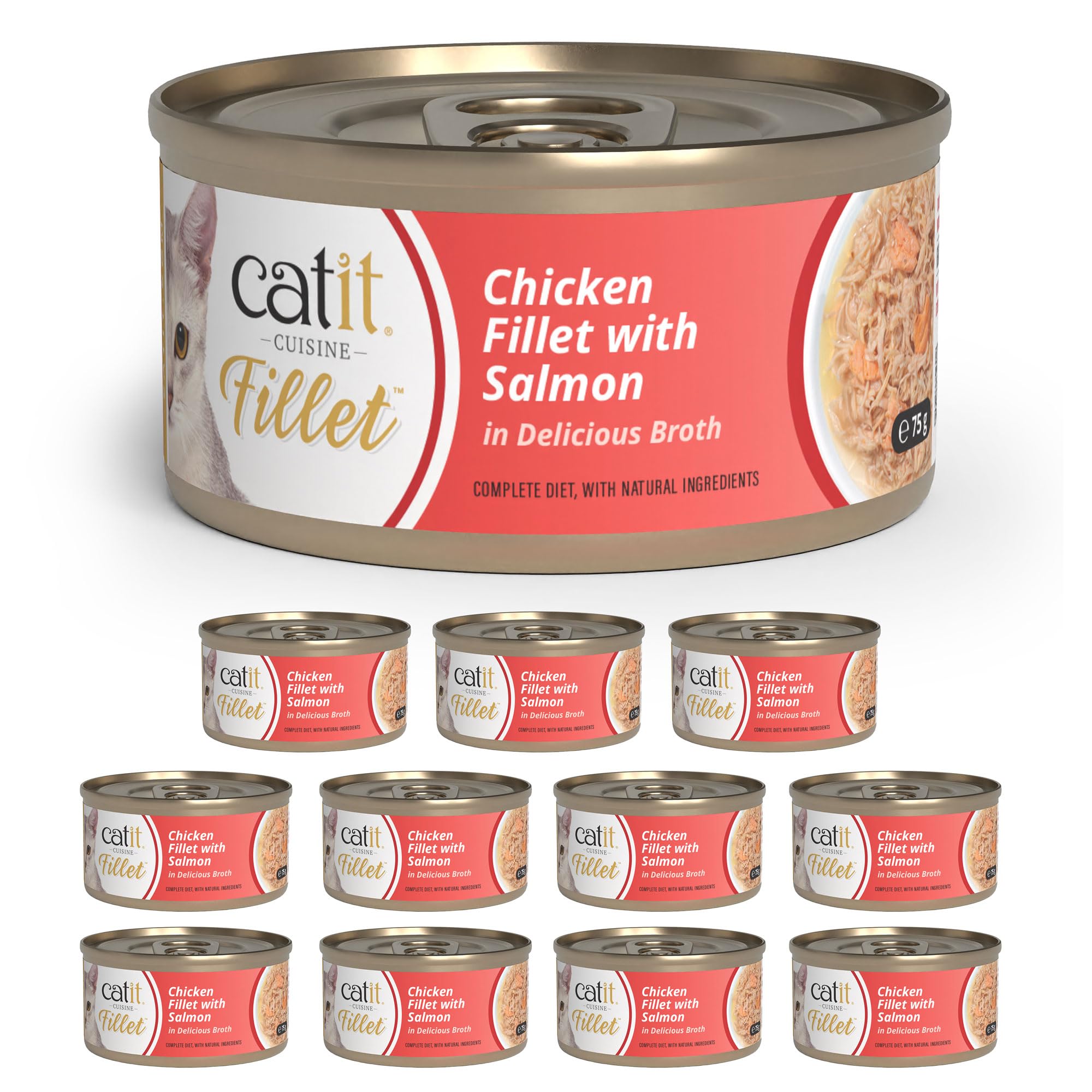 Catit Cuisine Fillet, Real Chicken Fillet with Salmon in Broth, Grain Free Wet Cat Food for Adult Cats, High Meat Tinned Cat Food in Broth 12 pack