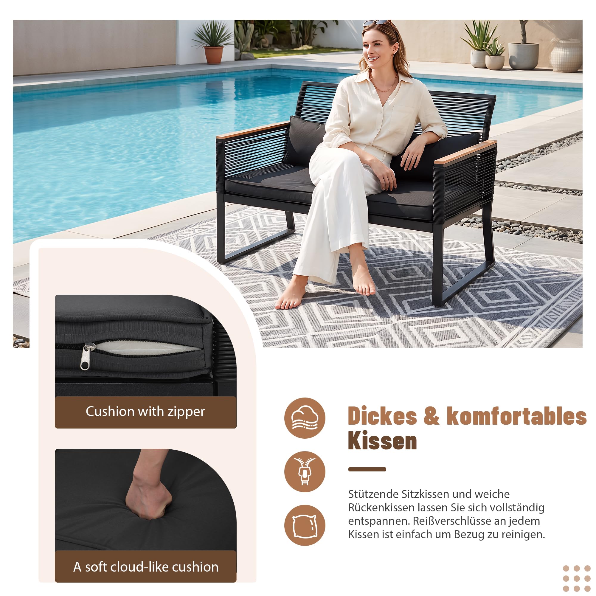 OC Orange-Casual 2er Gartenloveseat Rattan Gartenbank mit Sitzkissen&Rückkissen, Terrasse Sitzbank bis zu 160 kg, Balkonbank für Balkon, Garten, Terrasse, Hinterhof, Schwarz