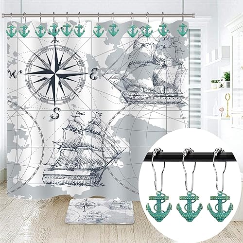 Miniatura 2 de Juego de 12 ganchos decorativos para cortina de ducha con ancla, para el hogar, baño, náutico, océano, barco, vela, playa tropical, isla costera,