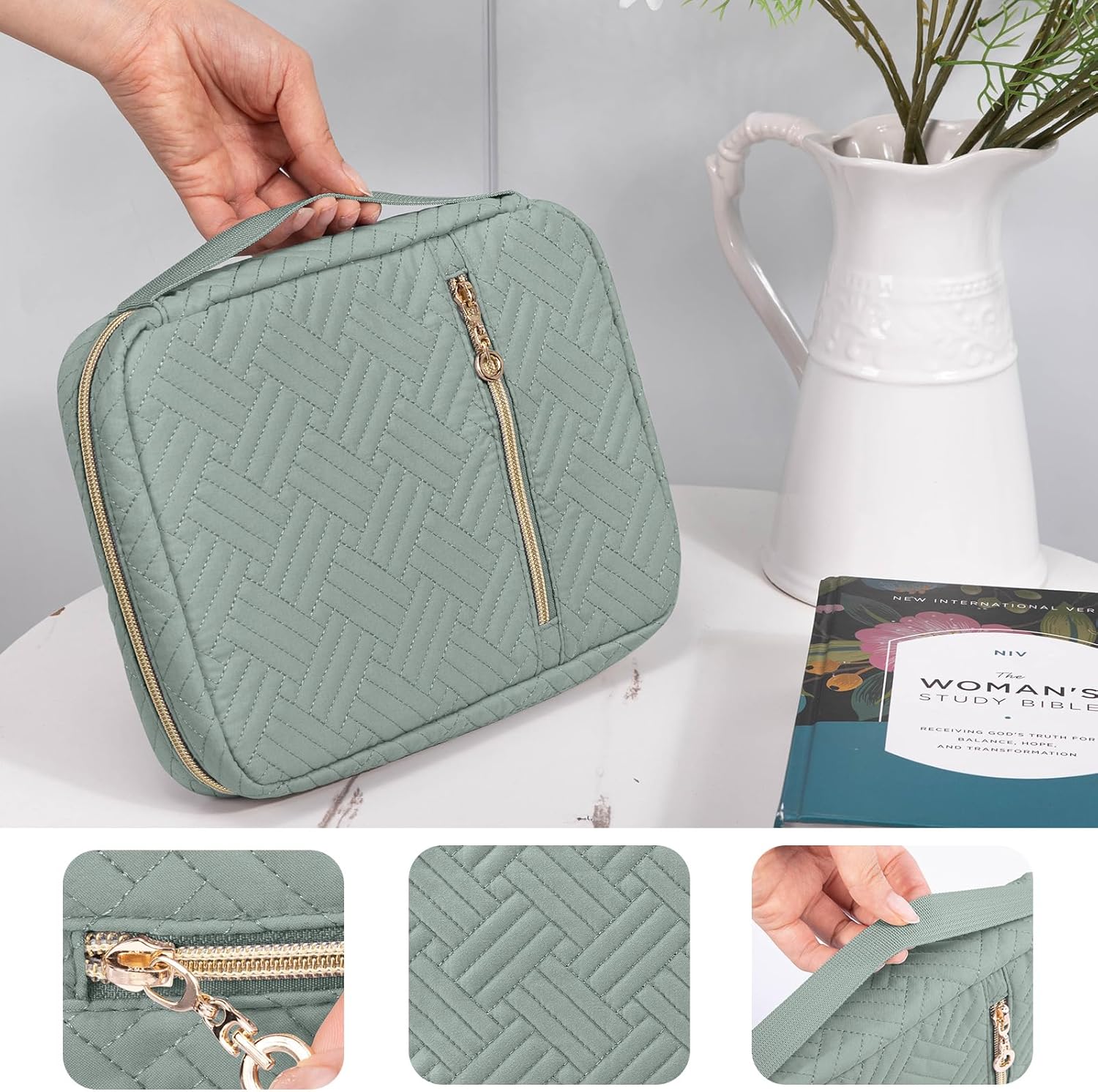 Quilted Bible Cover for Women, Zippered Organizer Bag with Sleeve for Study Supplies, Accessories & Journals, Church Carrying Gift for Girls, Book Carrying Case - Image 4
