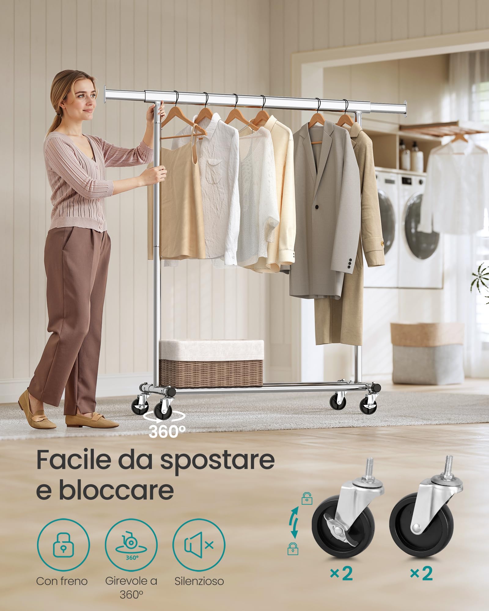 STAND APPENDIABITI IN METALLO CON BASE RUOTE ASTE TELESCOPICHE Regolabile 69064 7426845912804 - Foto 3