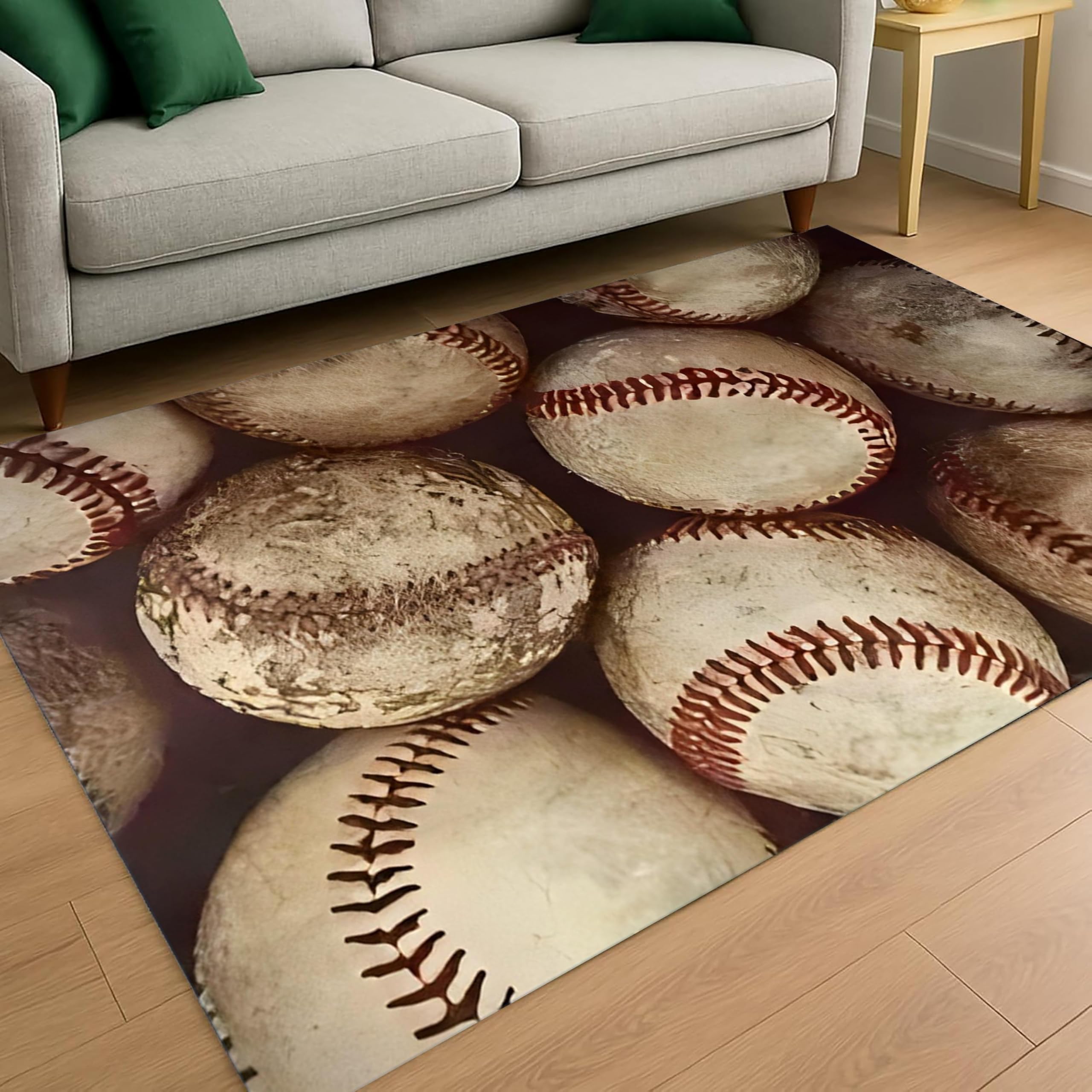 USHIRUG Ball Rugs for Living Room,140x200cm, Vintage Worn Baseball Area Rug, Non-Slip Washable Floor Mats for Sports Lovers, Soft and Durable Rug for Living Room Bedroom Dining Room Playroom